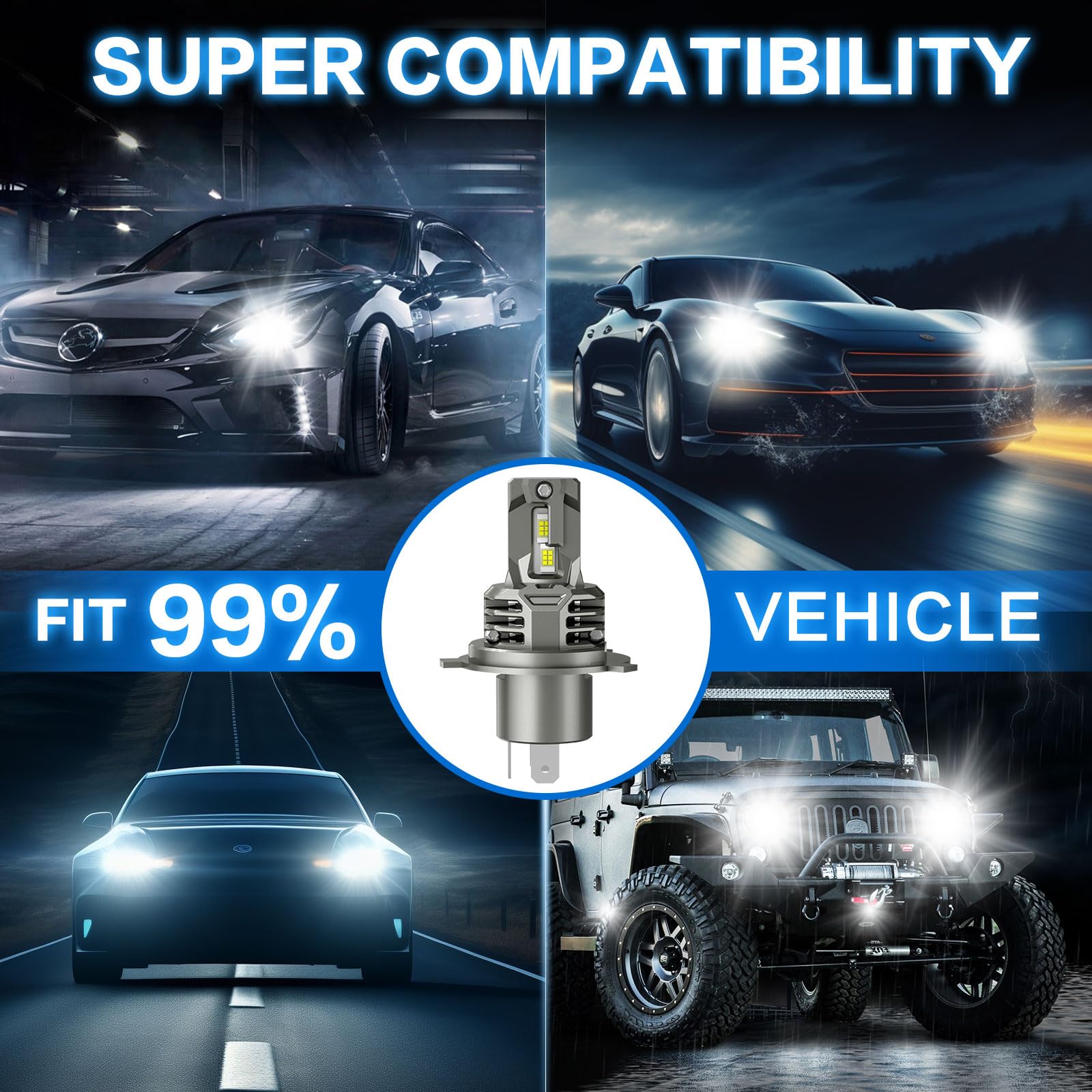 AUXIRACER Lampadina Auto H4 Led, 120w, 30000lm, 6500k Bianco 12v Lampadina Auto Led, Kit di Conversione Abbagliante/Anabbagliante per Auto, 2 Set