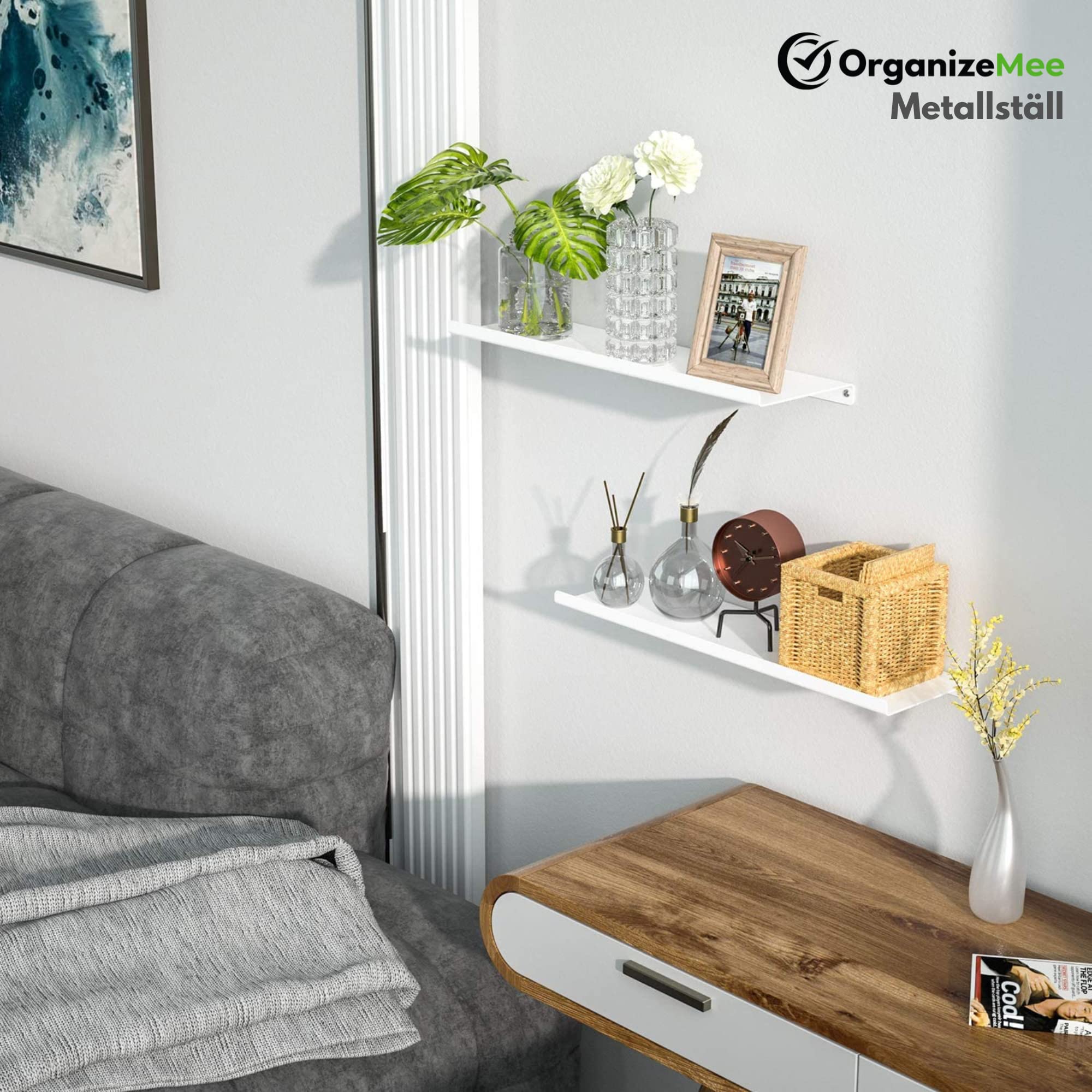 OrganizeMee Metal Small Wall Mounted Shelves,Bluetooth Speaker,Wi-Fi Camera Stand Corner Floating Shelf for Living Room & Bedroom,Home Decor Items Plant Pot mounting Racks (White Set of 2)