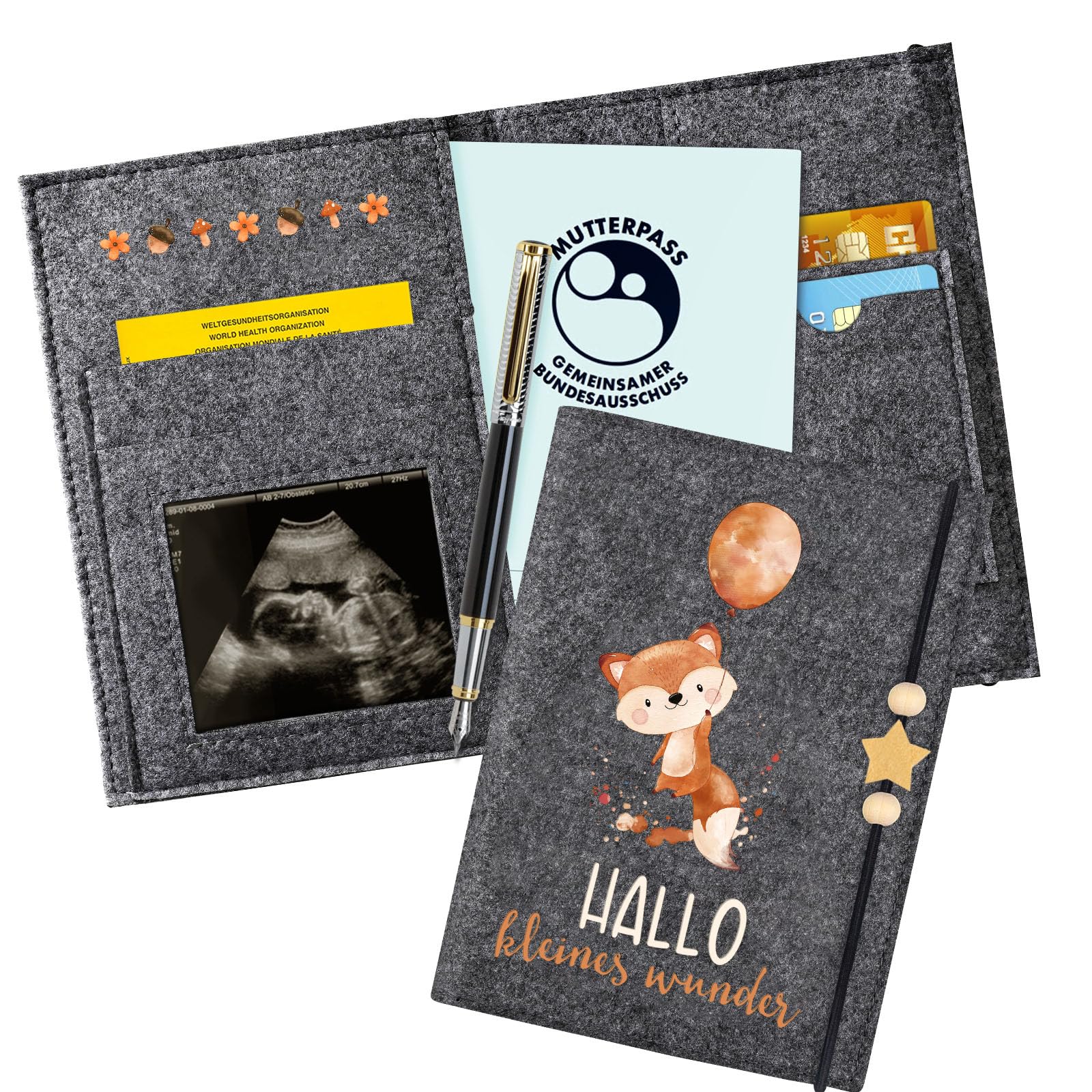 Mutterpasshülle aus Filz für Deutschen Mutterpass, Mutterpass-Schutzhülle zur Aufbewahrung von Impfpass usw,Süßes Geschenk für Schwangerinen und Zukunftige Mütter (Fuchs dunkelgrau)
