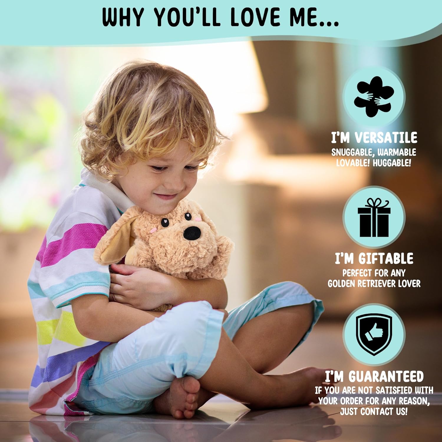 Golden Retriever Dog Microwavable & Weighted Puppy Stuffed Animals- 1.5 Lbs Unscented Doodle Heating Pad for Warmth, Period Cramps & Anxiety, Cute Dog Plushie Toy Gifts for Women Girls & Kids - Image 7