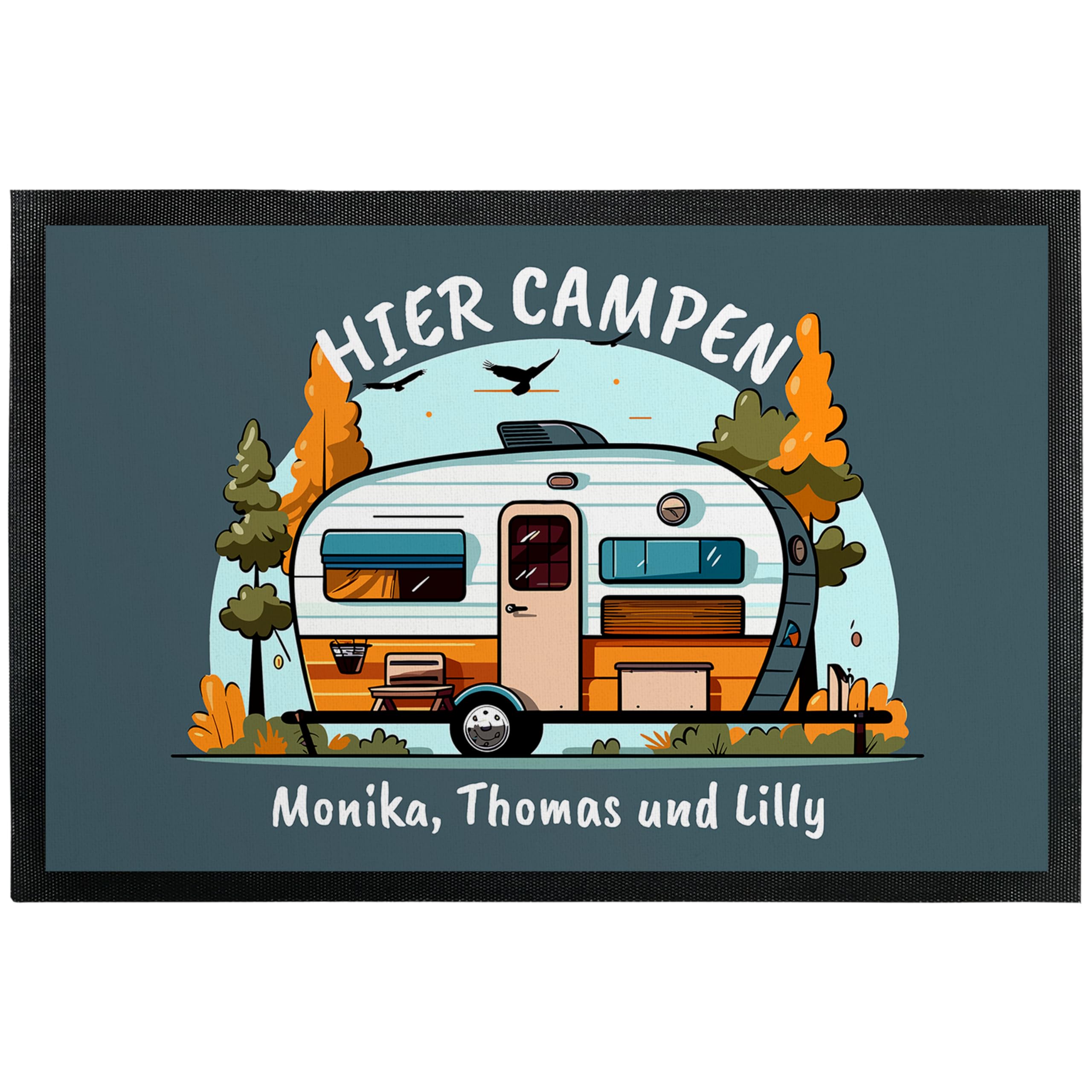 True Statements Camping Fußmatte „Hier CAMPEN“ personalisiert mit Wunschtext - für Innen & Außen - Geschenk für Campingfans Familien Reisen Camping-Freunde Geburtstag (50 x 75 cm)