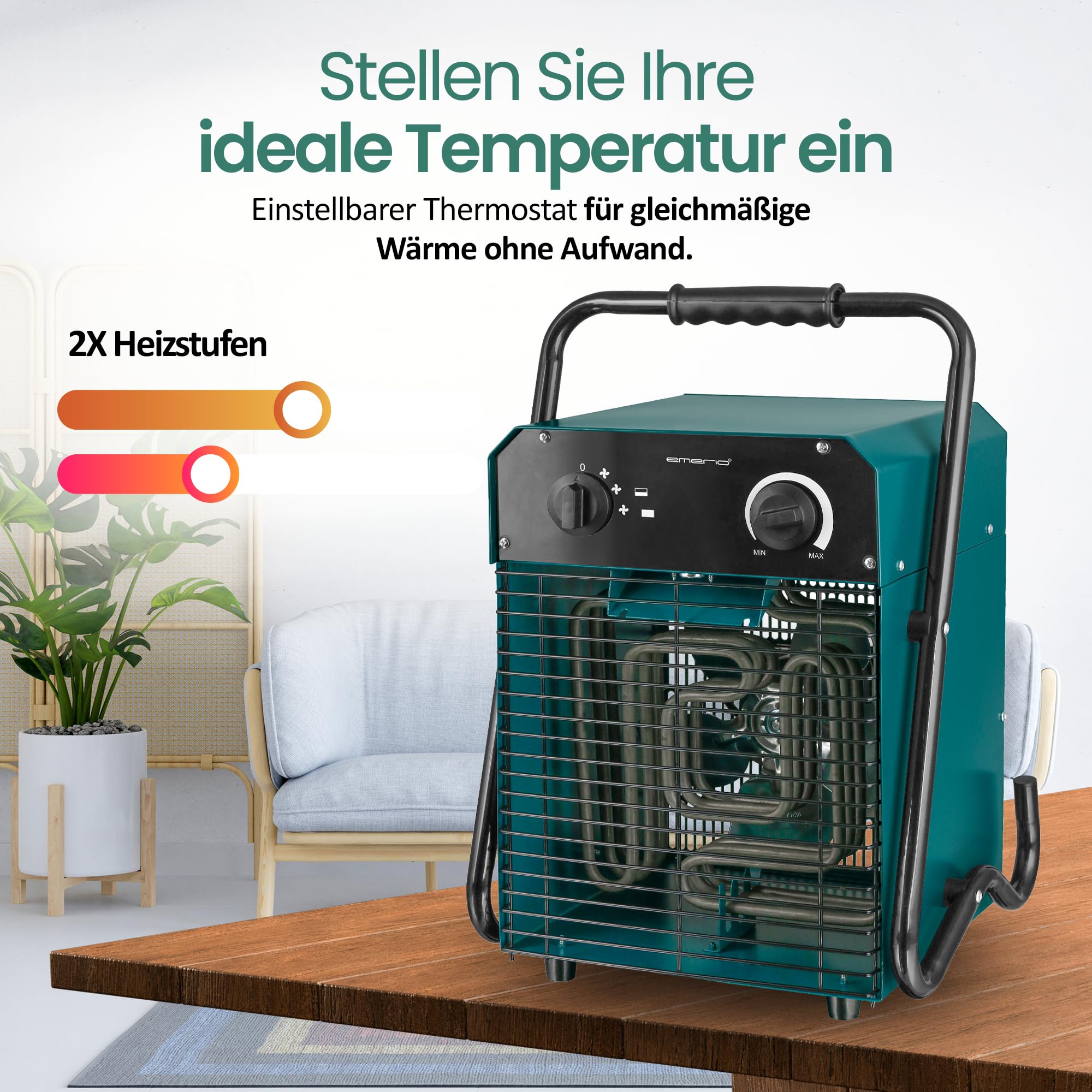 EMERIO FH-105537.4 termowentylator | do pomieszczeń do 50 m² | IP24 | prąd o mocy 5000 W | element grzejny ze stali nierdzewnej | 2 stopnie grzania | regulowany termostat | zabezpieczenie przed