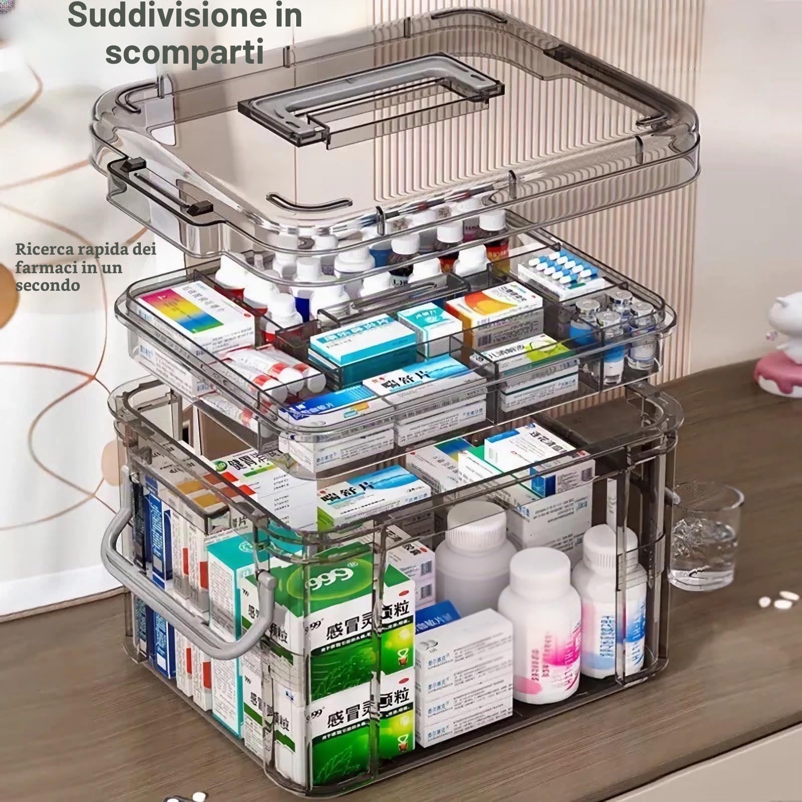 Scatola per medicinali, Scatola porta medicine da casa, porta medicinali multifunzionale, Medicine box, per la casa,all'aperto, 31x21x15cm (Grigio chiaro, L)