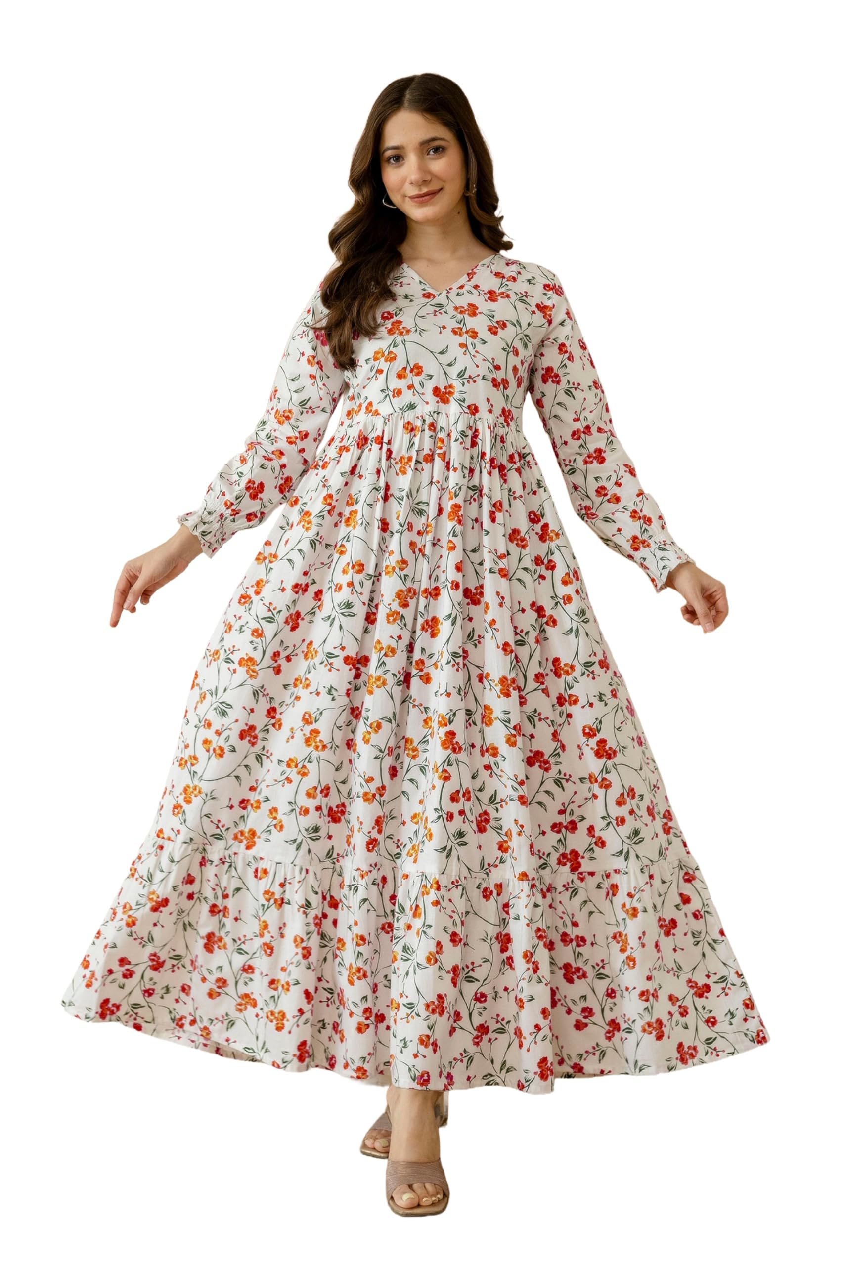 New Cotton Floral Printed Flared Maxi Dress for Women | Women Dress-image-8