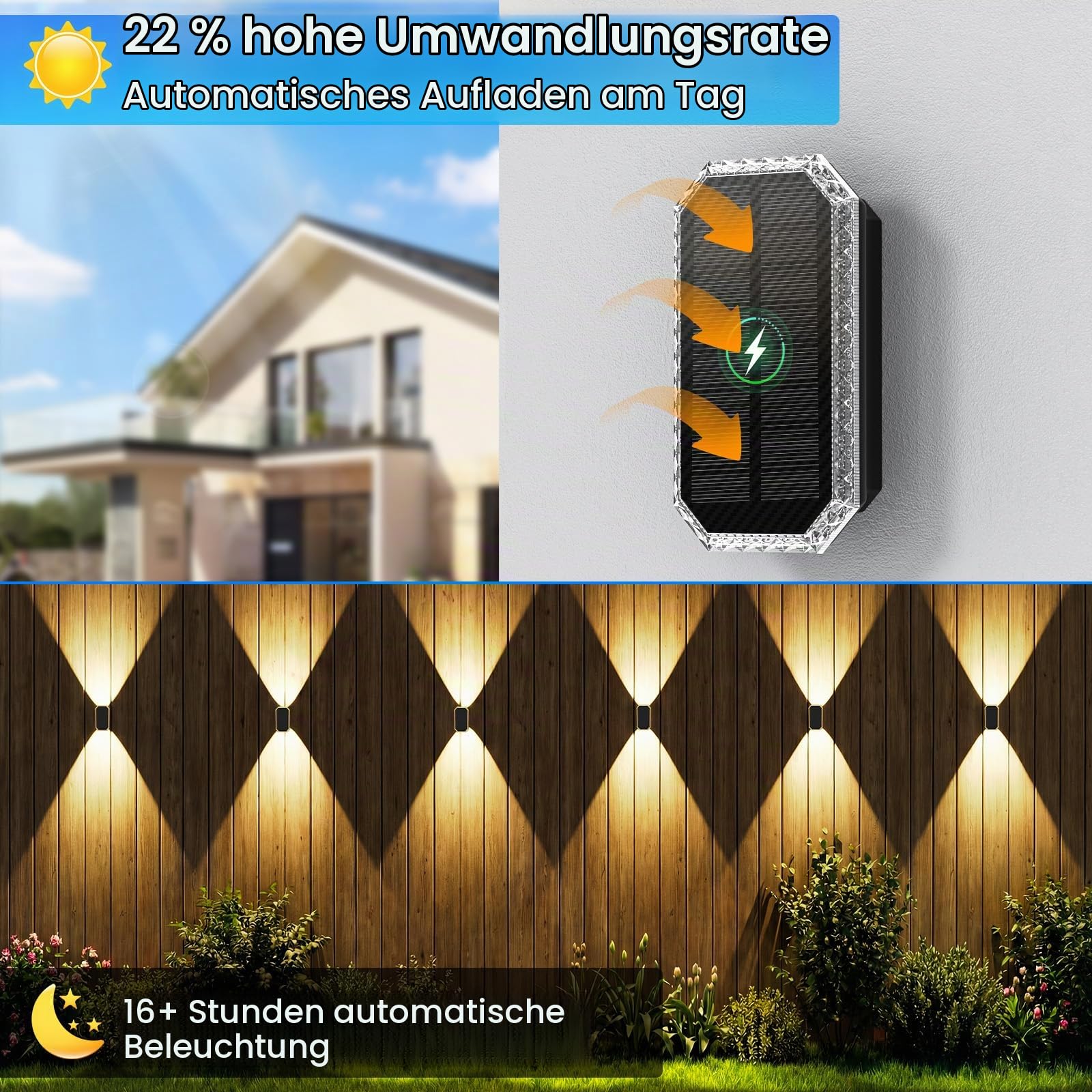 Solar Wandleuchte Aussen, 3 Farbtemperatur Solarlampen für Außen IP65 Wasserdicht Solar Aussenleuchte 1200mAH Akku Wandleuchte, Solarleuchten für Aussen Garten, Zaun, Balkon Deko (8 Stück)