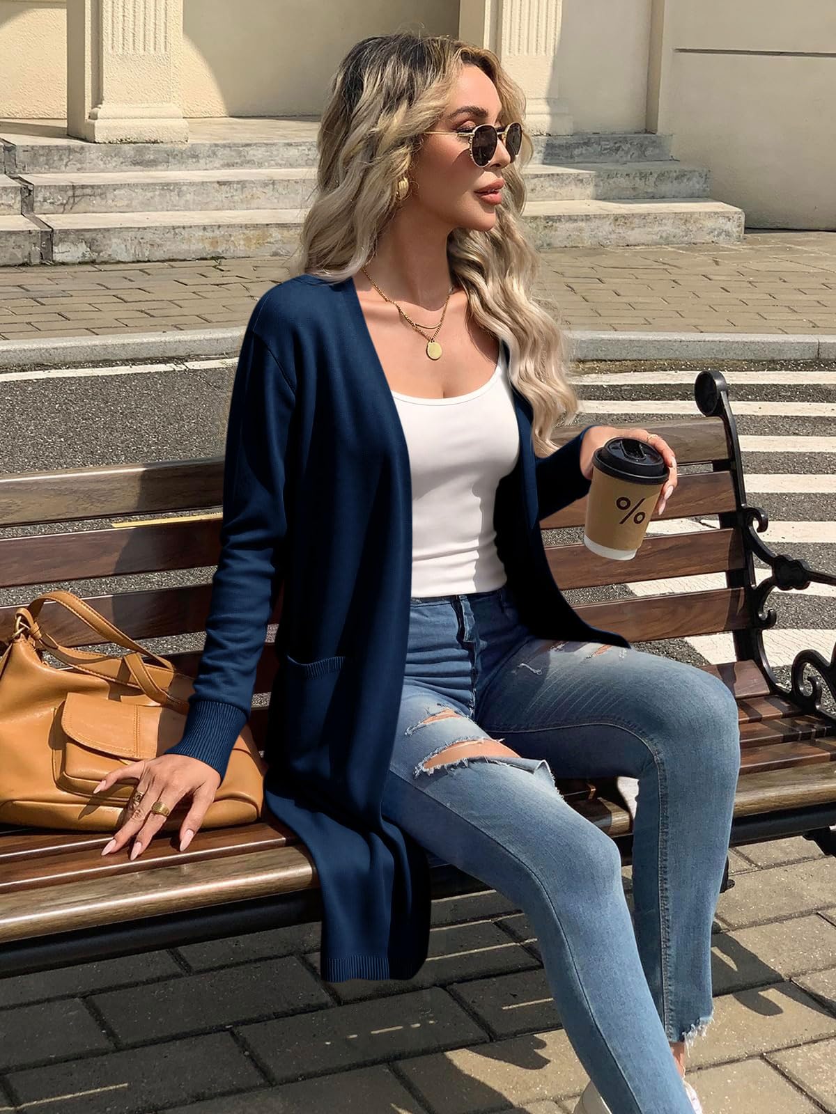 Saodimallsu Cardigan da donna lungo leggero a maniche lunghe aperto davanti maglione monocromatico tempo libero cappotto a maglia capospalla con tasca, Blu scuro, L
