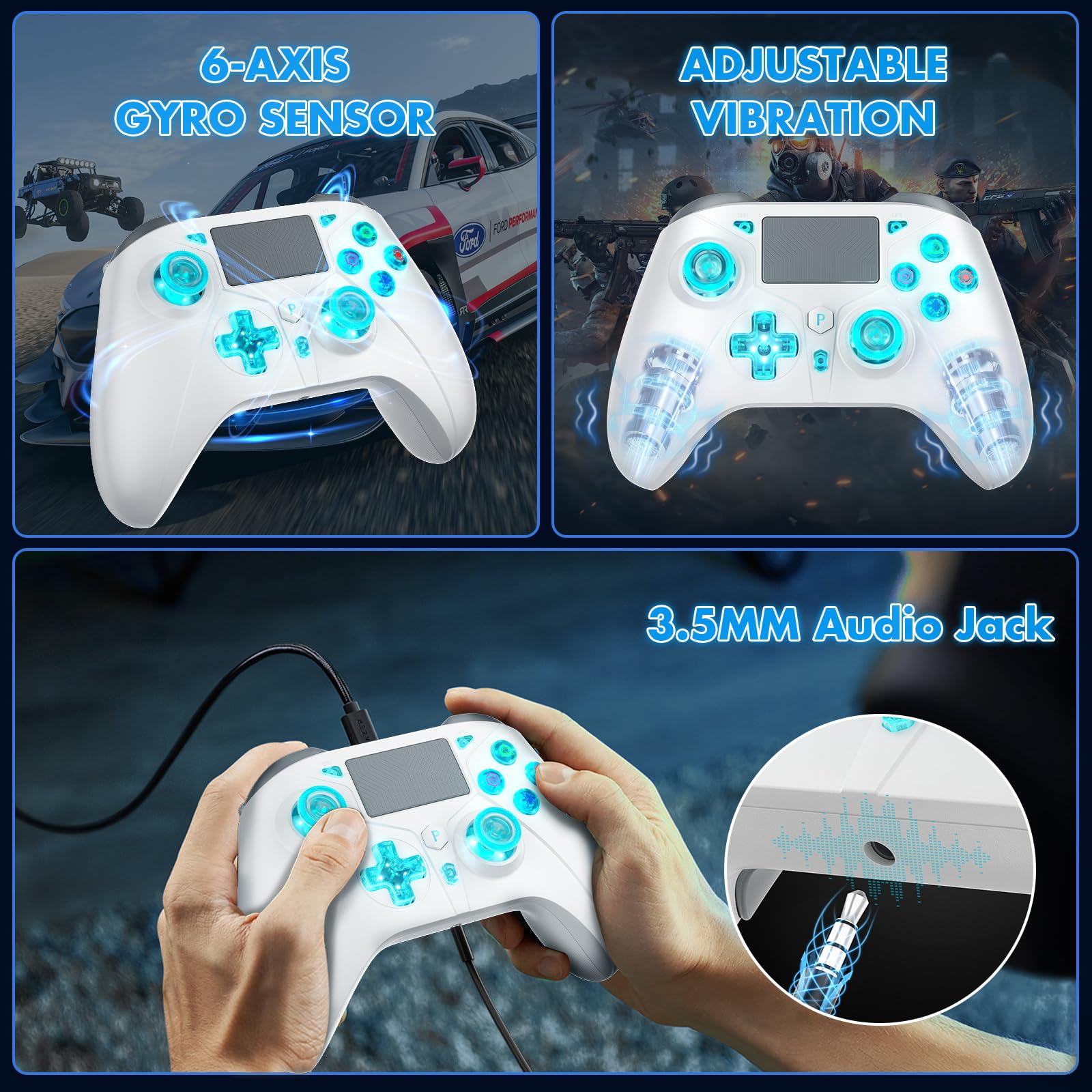 Wireless per controller PS5, compatibile con PS5/PS4/PC/iOS/Switch, batteria 1000mAh, Turbo regolabile, vibrazione Dual Shock, sensore di movimento a 6 assi, jack per cuffie da 3,5 mm per controller