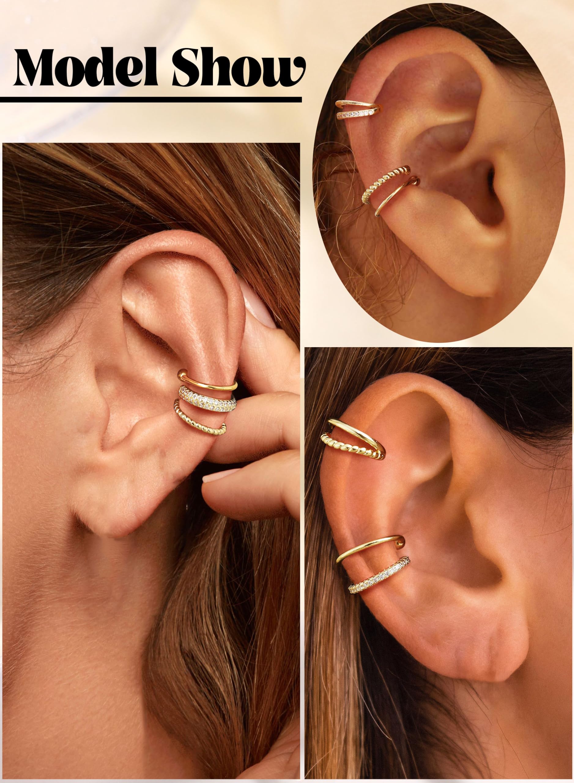 Fansilver 3Pcs Ear Cuff Earrings for Women Non Piercing14K Gold Plated Ear Cuffs Clip on Cartilage Earrings Adjustable Fake Earrings Lightweight