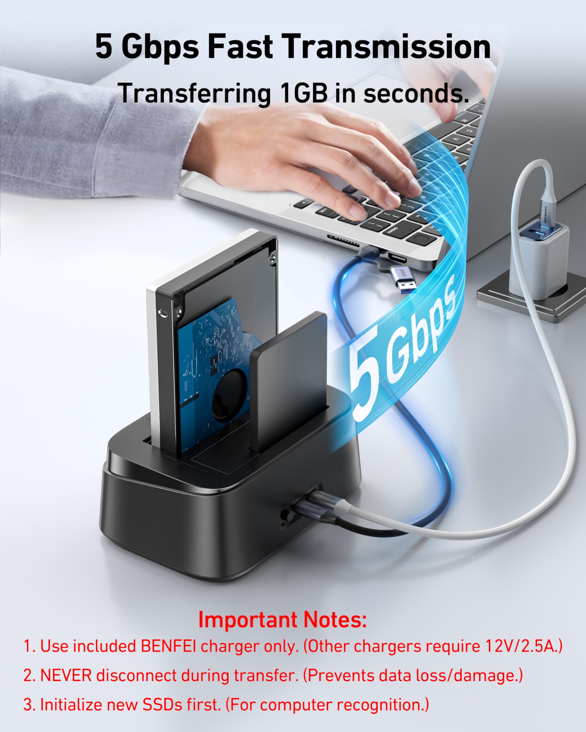 BENFEI Station d'accueil pour Disques Durs avec Fonction de Clonage Hors Ligne UASP, Dock Double Baie USB-C pour HDD/SSD 2.5/3.5", Jusqu'à 5 Gbit/s | Installation sans Outil