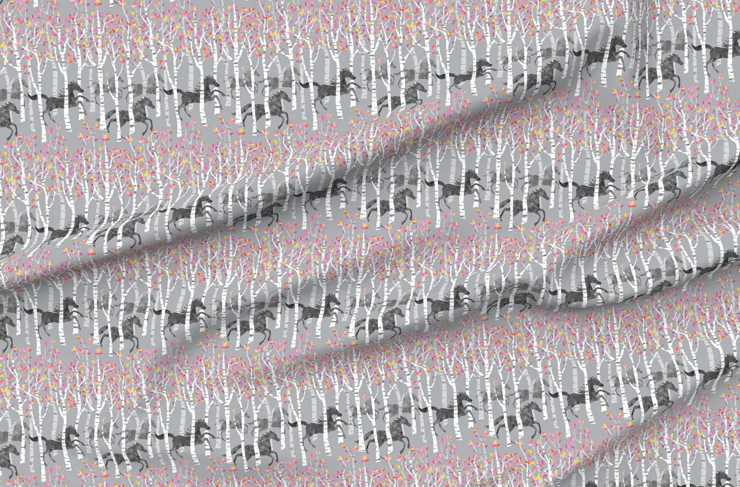 Spoonflower Fabric - Horses, Pretty, Pony, Pink, Grey, Equestrian, Forest, Woodland, Nature Printed on Minky Fabric by The Yard - Sewing Baby Blankets Quilt Backing Plush