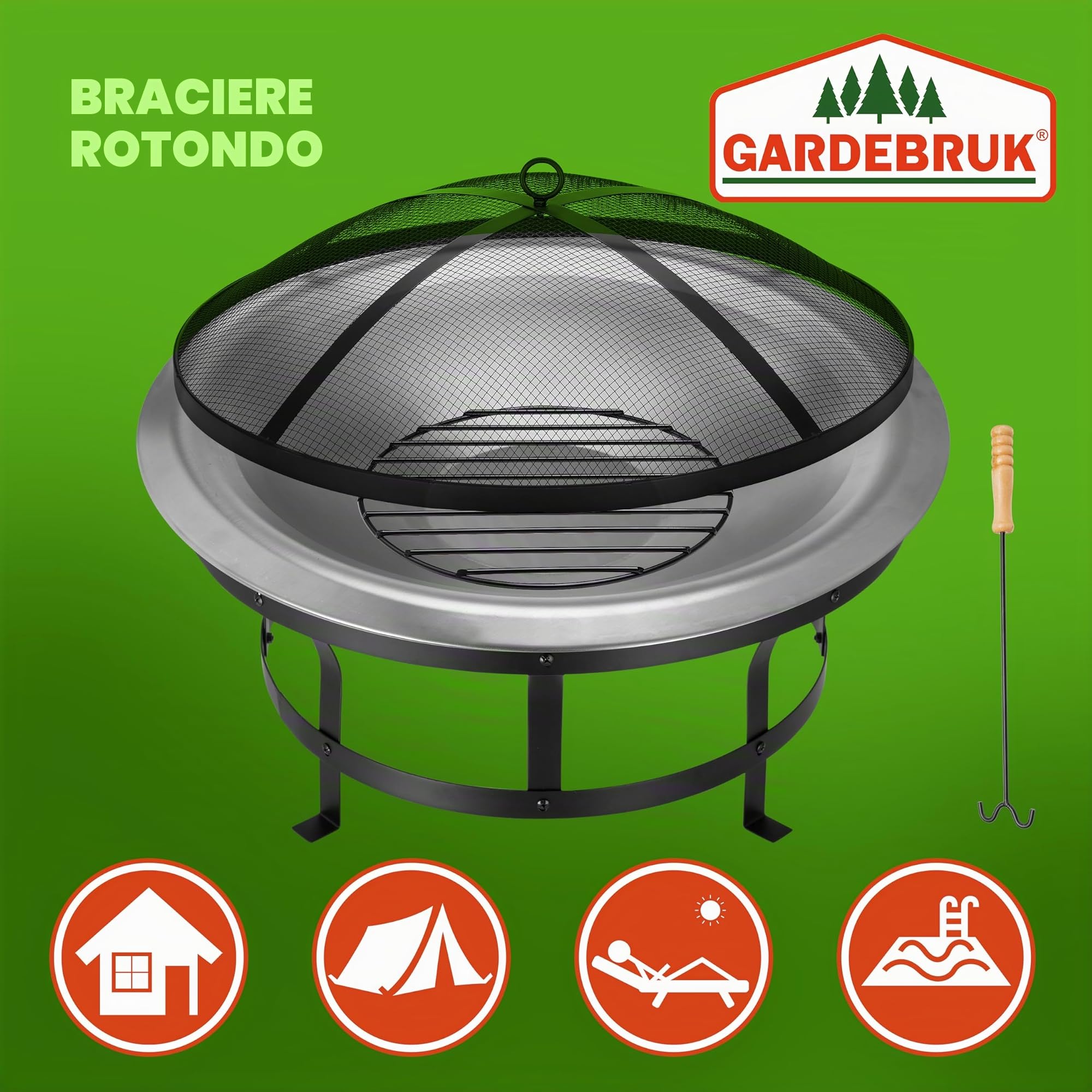 Gardebruk Braciere da Esterno Acciaio Inox Ø 75cm Ciotola da Fuoco Parascintille Attizzatoio Bracieri