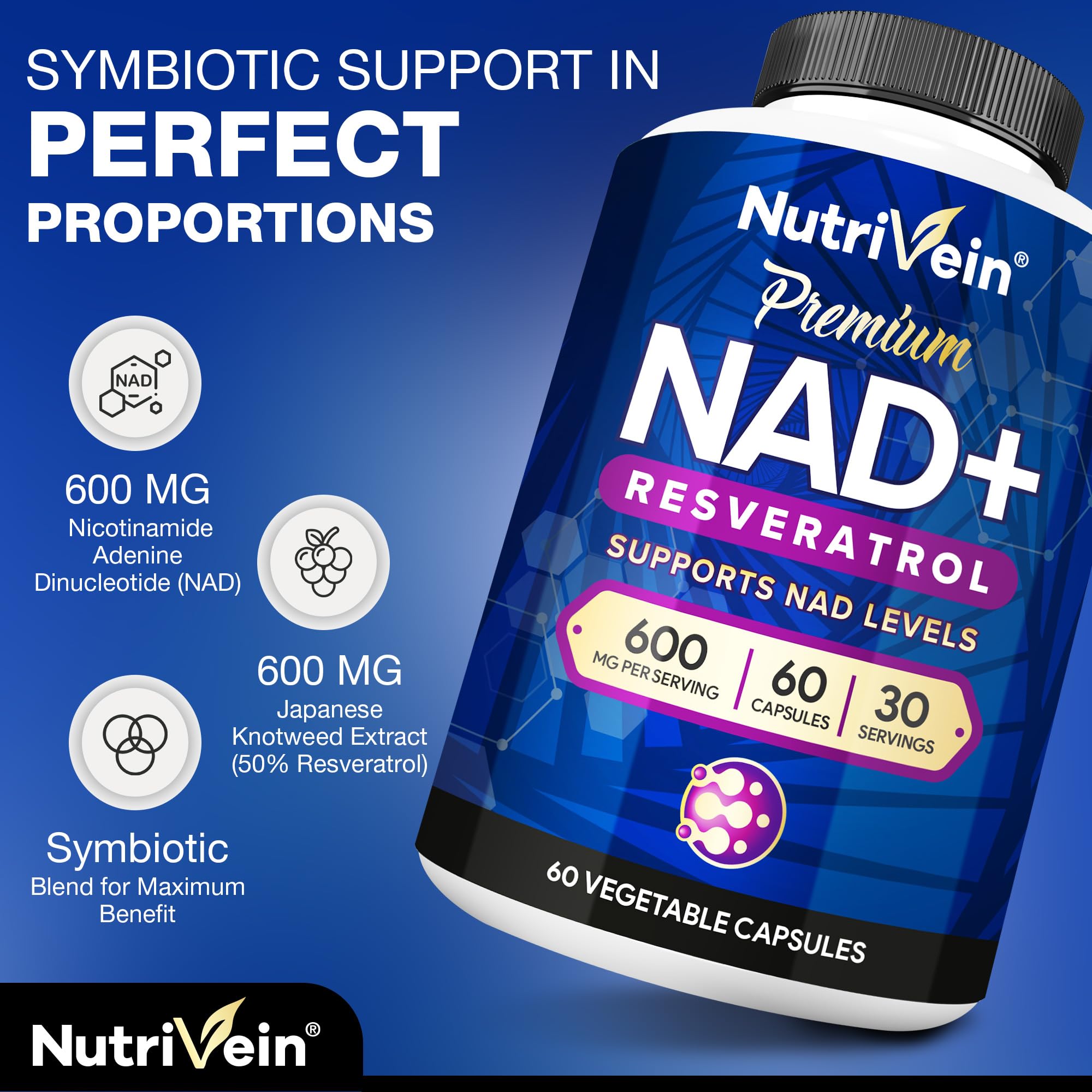 Nutrivein Premium NAD + Resveratrol Supplement 600 mg - 30 Servings (60 Capsules): Powerful Synergistic NAD Resveratrol Supplement - Aging, Cognition, Metabolism, & Overall Well-Being