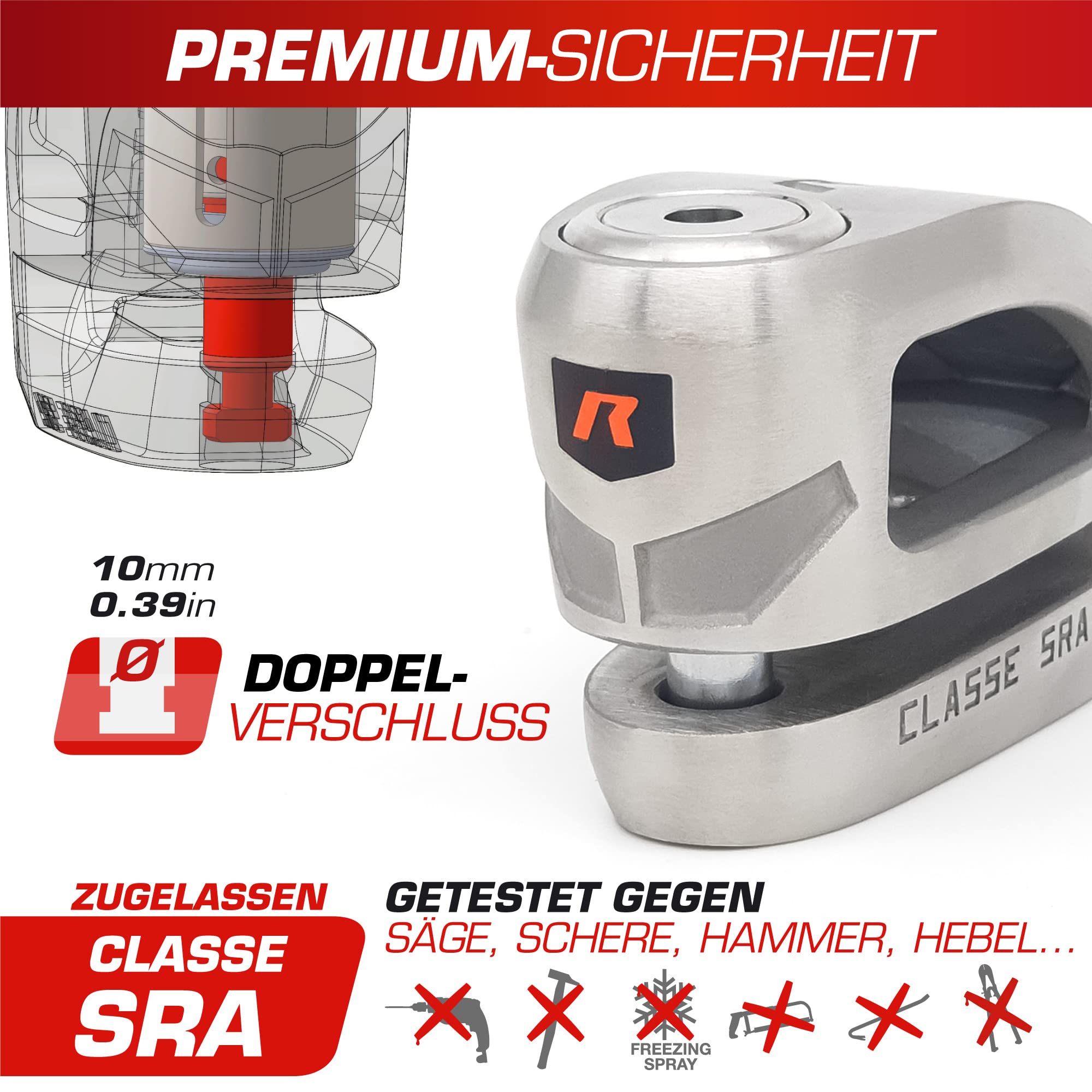 RADIKAL RK310S Bremsscheibenschloss Motorrad, Schließbolzen ø10, mit SRA Zulassung, polierter Edelstahl