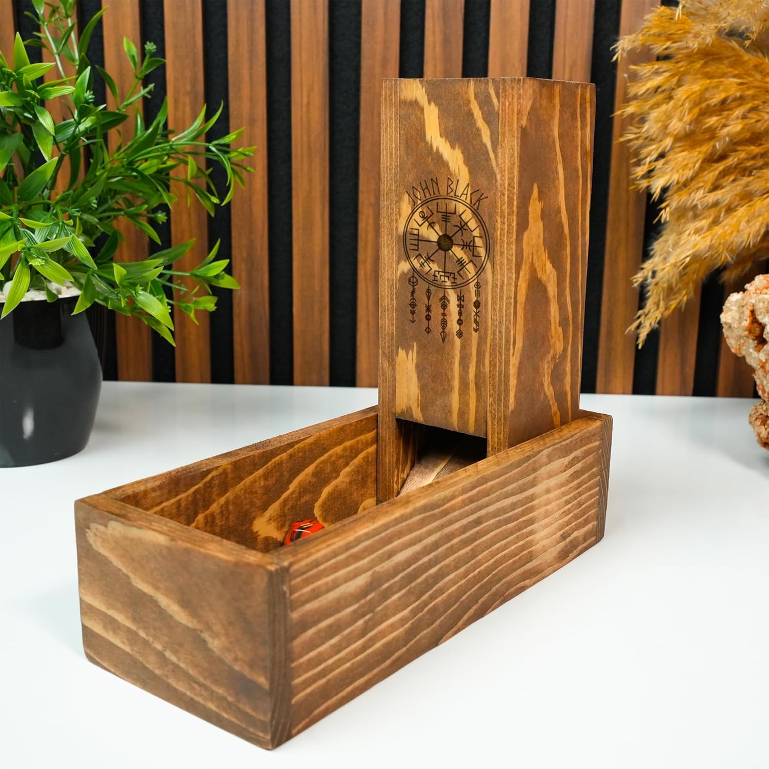 Personalized Wooden Dice Tower with Tray – Custom Engraved DND Dice Tower, Handcrafted Oak & Walnut RPG Accessory, Dungeon Master Gift, Tabletop Gaming Dice Roller