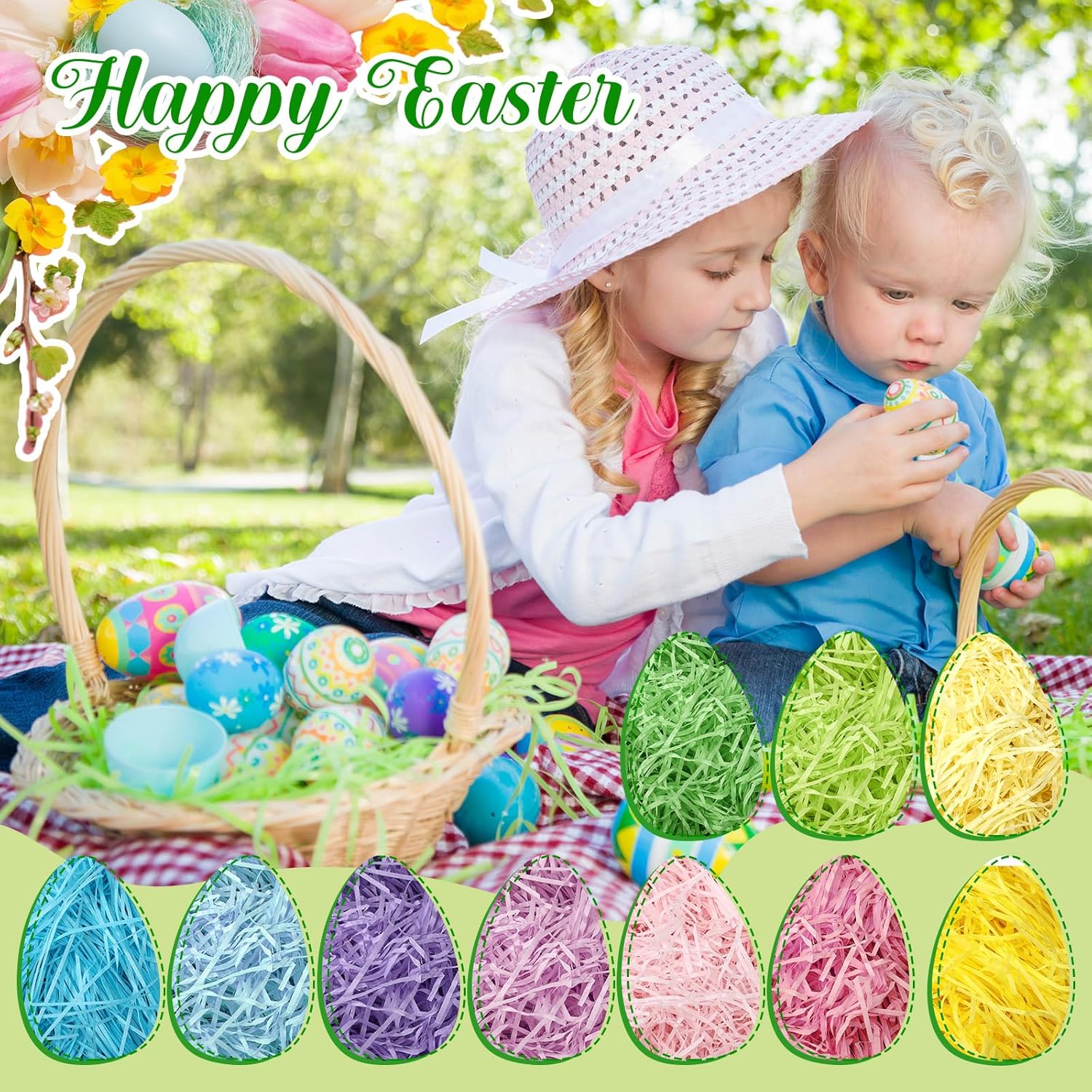Wavwavw 70 oz (2000g) Multicolor Rainbow Easter Grass Recyclable Paper Grass Shred Pastel Colors (Pink Yellow Green Purple Blue Lavender) Easter Egg Hunt Basket Stuffer Filler Party Decor Favor