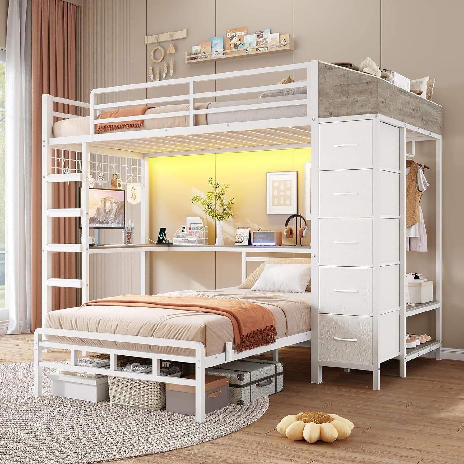VIAGDO Twin Over Twin L-Shaped Bunk Bed with Hall Tree, Charging Station, LED Lights, Desk, and Storage Drawers