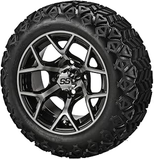 RM Cart 14" Ninja Black/Machined on 23x10-14 Black Trail Tires (Set of 4) | Golf Cart Tires and Wheels Combo with Metric Lug Nuts