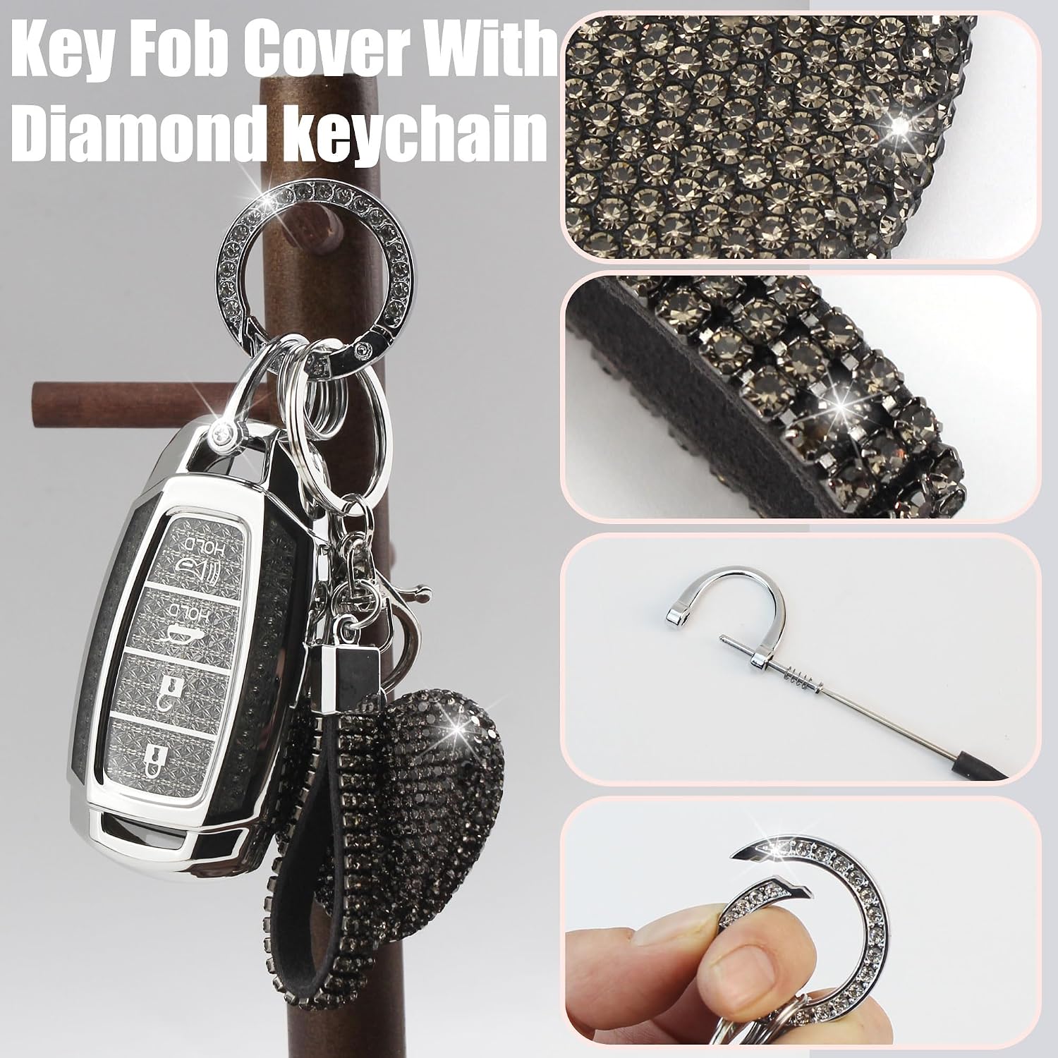Key Fob Cover with Diamond Keychain Car Key Holder Case Compatible with Hyundai Kona Santa Fe Palisade Elantra GT Veloster Smart Remote Key Protector for Women, 4 Buttons (Black-Heart) image 3