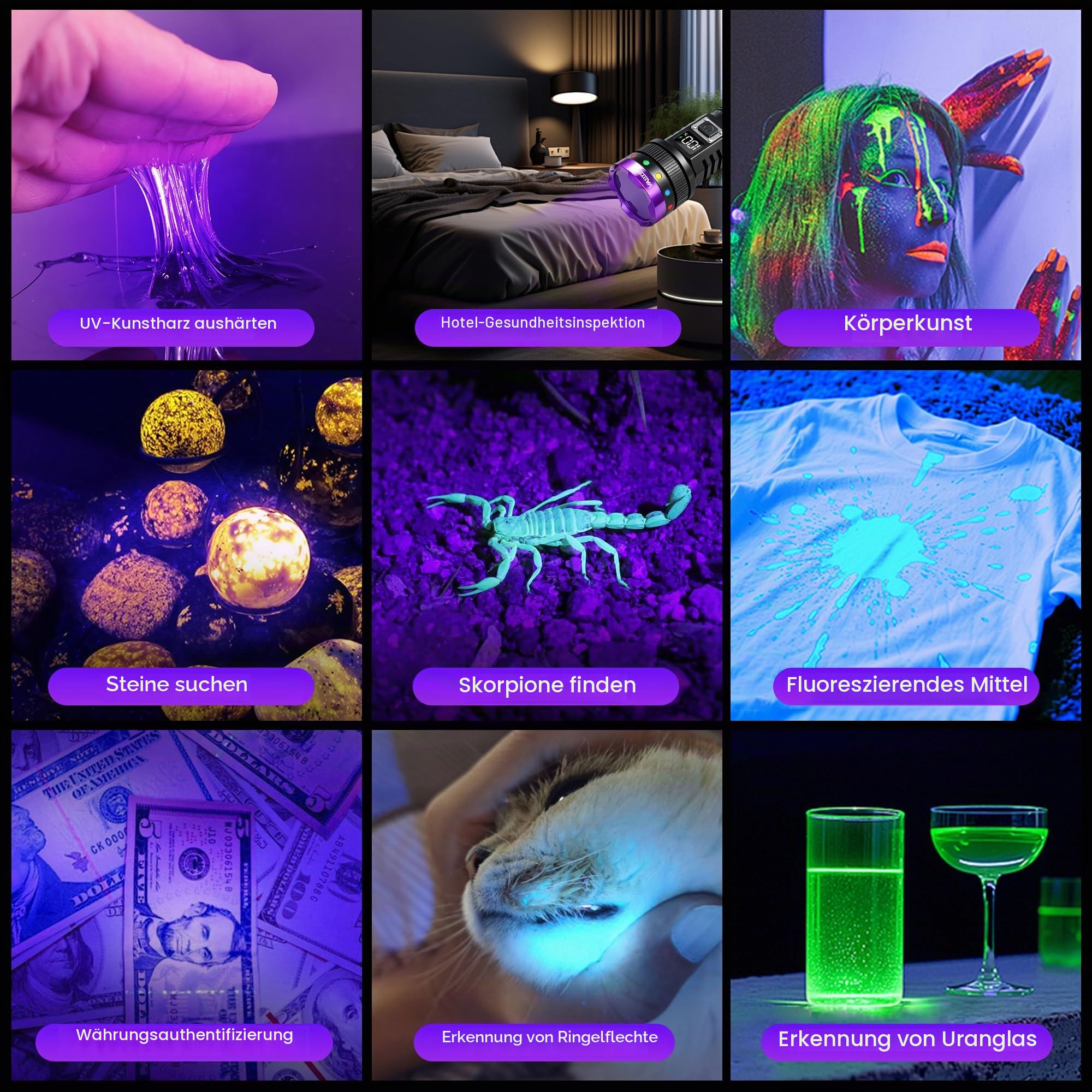 VASTFIRE 365nm UV-Taschenlampe Wiederaufladbar mit Filterlinse, 30W Ultraviolett-Taschenlampe mit LCD-Display, Starkes UV-Schwarzlicht für Golfballfinder, Harzhärtung, Haustierurin-Erkennung, Felsen