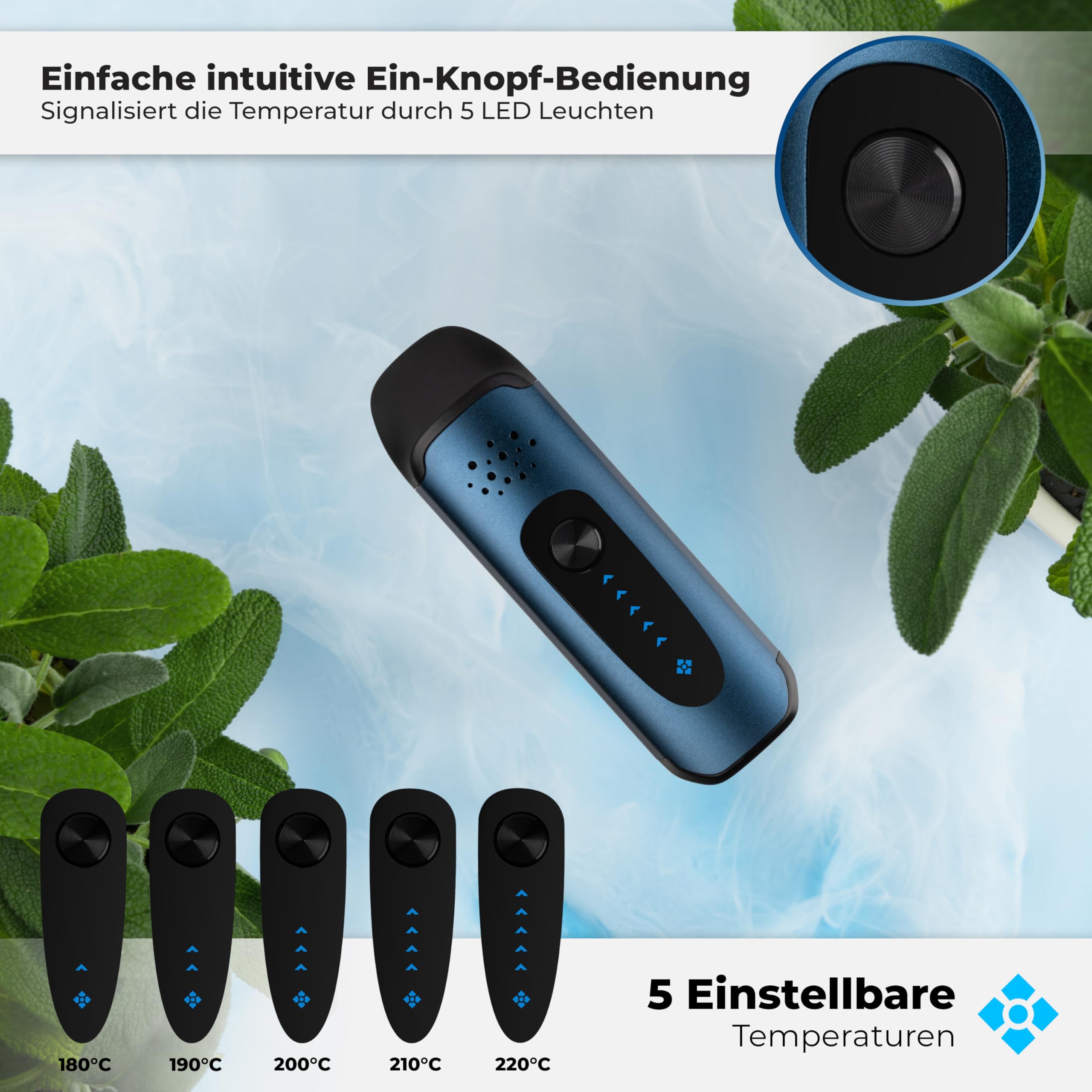 WOLKENKRAFT ViTA Premium-Vaporizer *Nachtblau* | Für Kräuter & Extrakte | 5 Temperaturstufen | kompakt | vollisolierter Luftkanal | Edelstahl-Kammer | einfache Bedienung