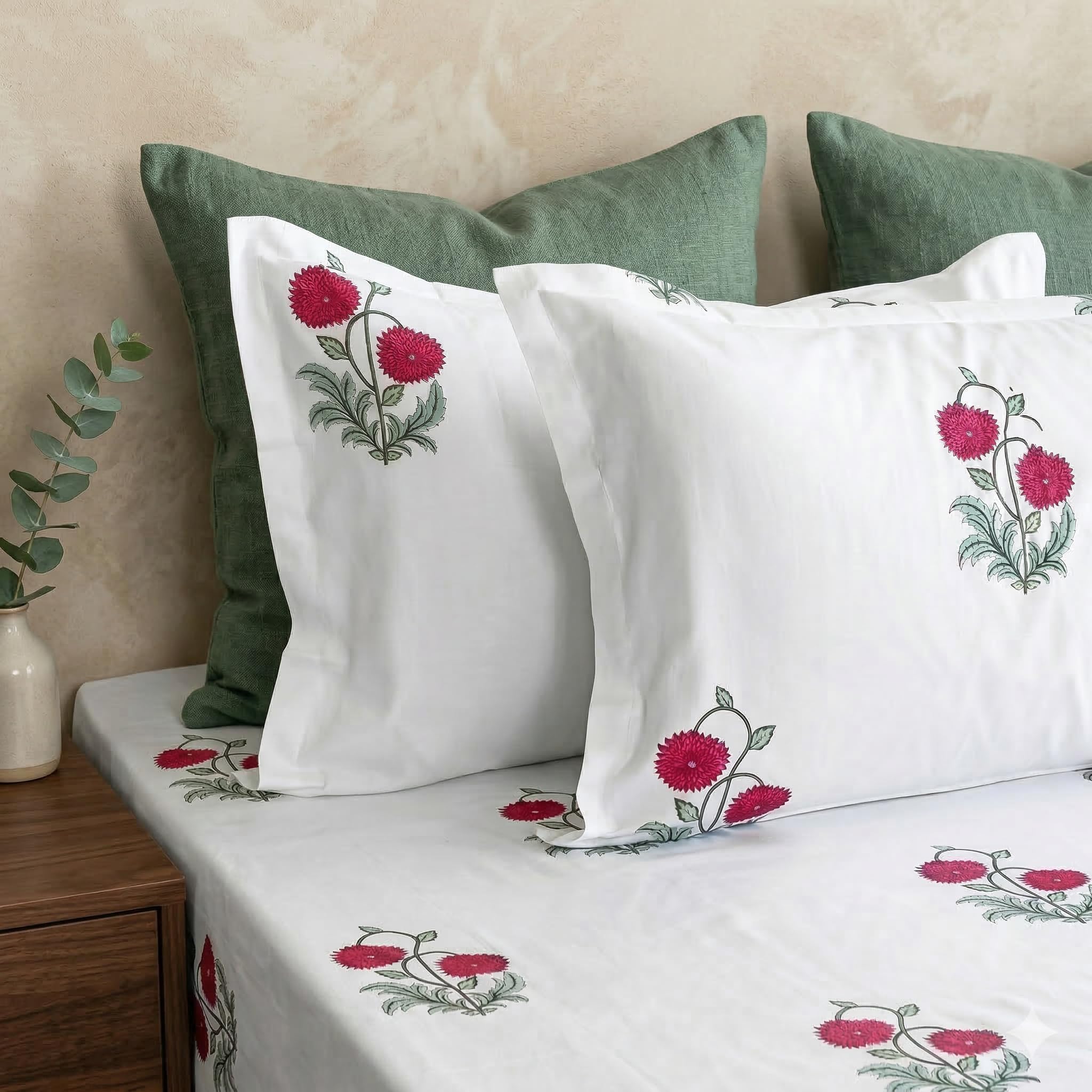 LINENWALAS 100% Cotton 210 TC Single Fitted Sheet with Pillow Cover | 360° Elastic Bedsheet with 14 inch Deep Pocket - Soft Breathable Bedding (36x78 inch, Ruby Flora)-image-49
