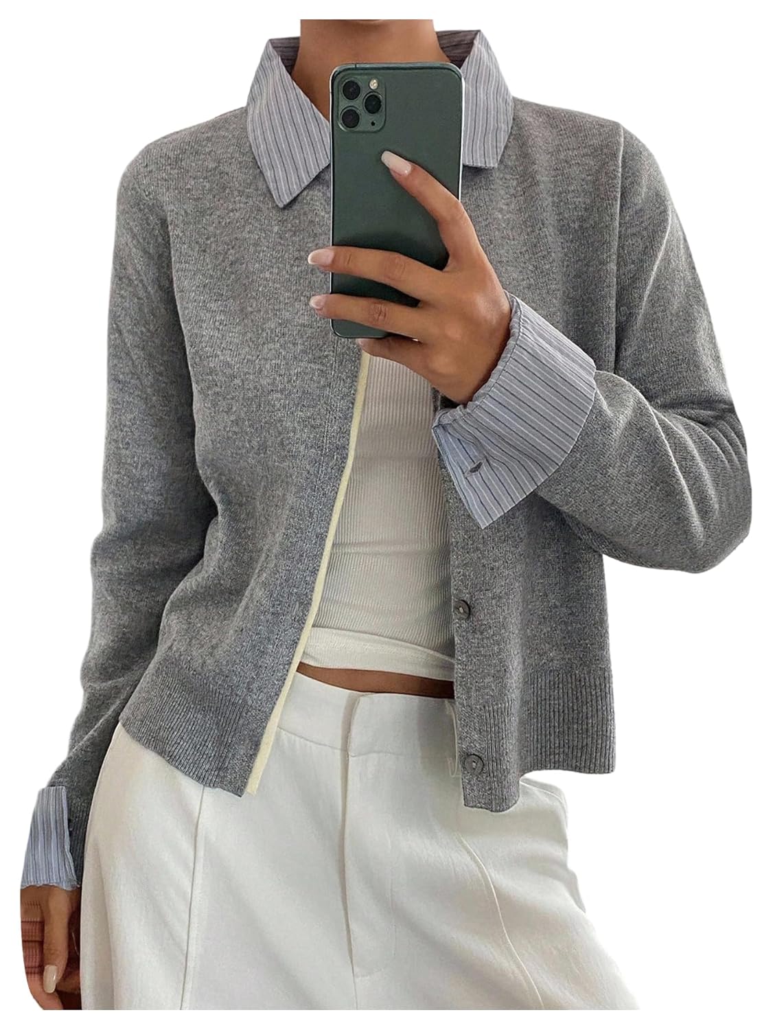 WDIRARA Womens Striped Button Up Cardigan Sweaters Long Sleeve Collared 2 in1 Knit Outerwear
