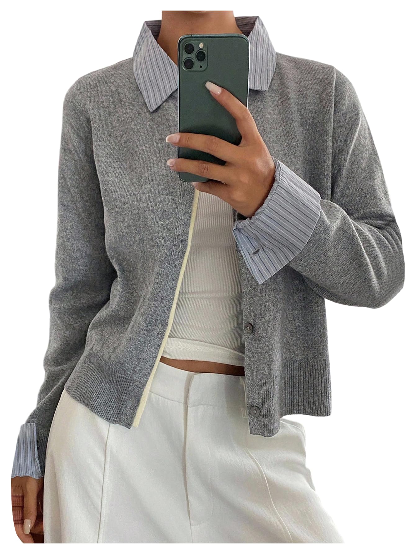 WDIRARA Womens Striped Button Up Cardigan Sweaters Long Sleeve Collared 2 in1 Knit Outerwear