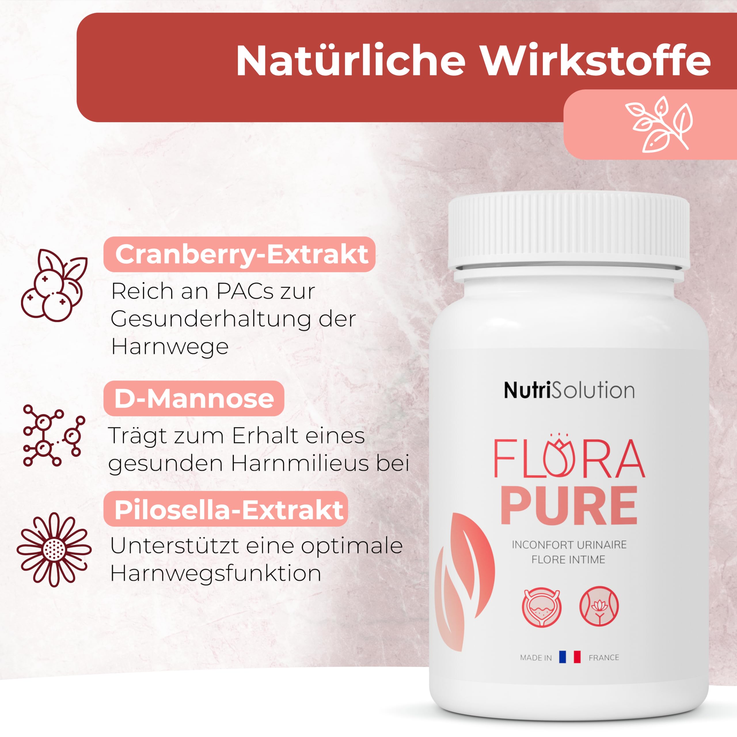 FloraPure von NutriSolution: - Unterstützung der Harnwege – Natürliche Kombination aus Cranberry, D-Mannose und Pilosella – Fördert das Wohlbefinden der Blase und der Harnwege – 60 Kapseln (1)