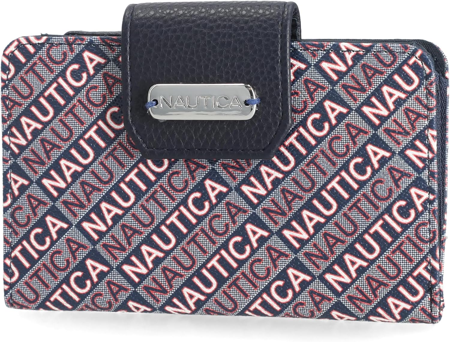 Nautica Womens, Close Reach Vegan Leather RFID Wallet, Small Credit Card Holder Purse with Zipper Coin Pocket and ID Window in Indigo Jacquard