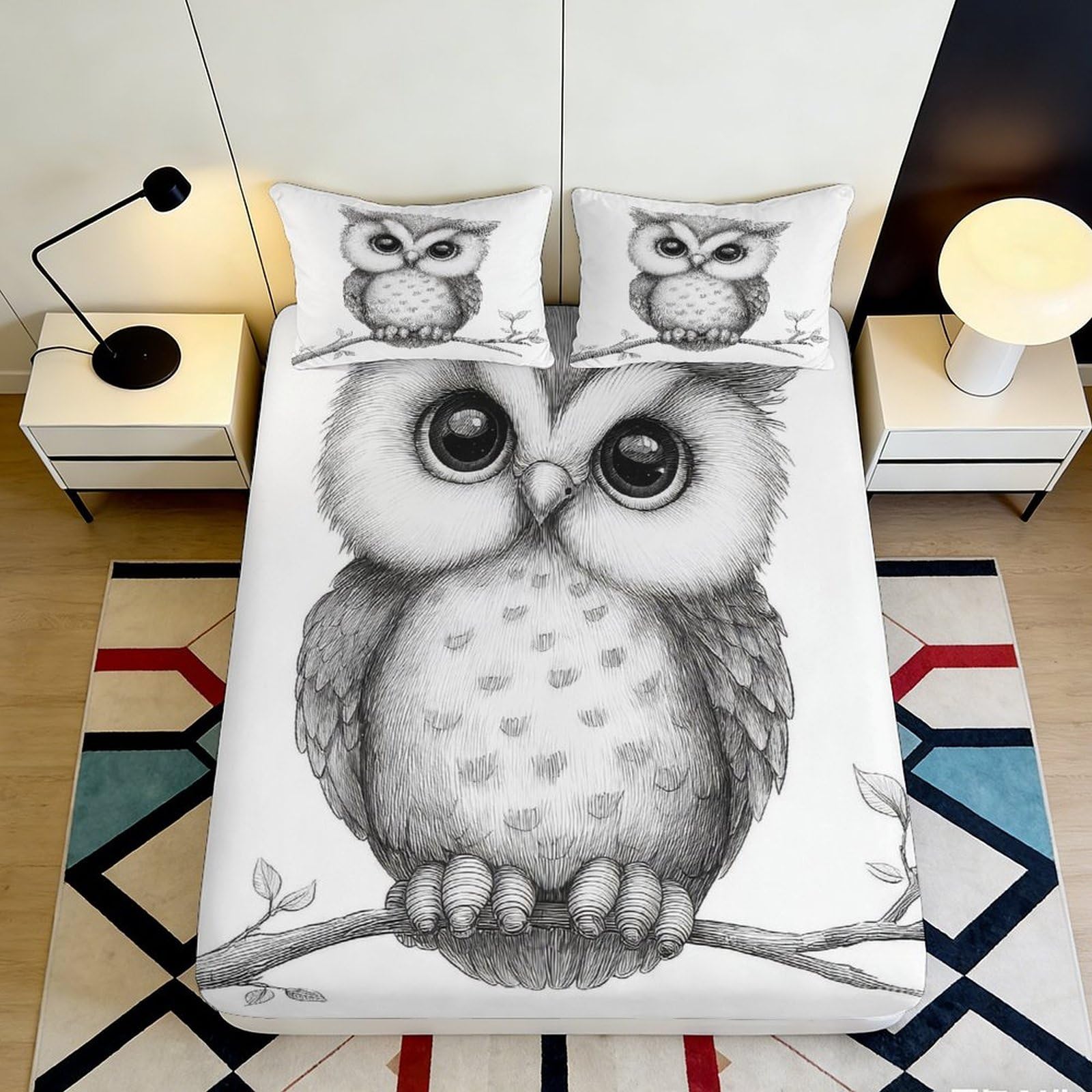 3D Printed Cute Owl Fitted Sheet Microfiber Soft Breathable Forest Branch Mattress Cover for Bedroom Dorm Decor 90x200x25cm