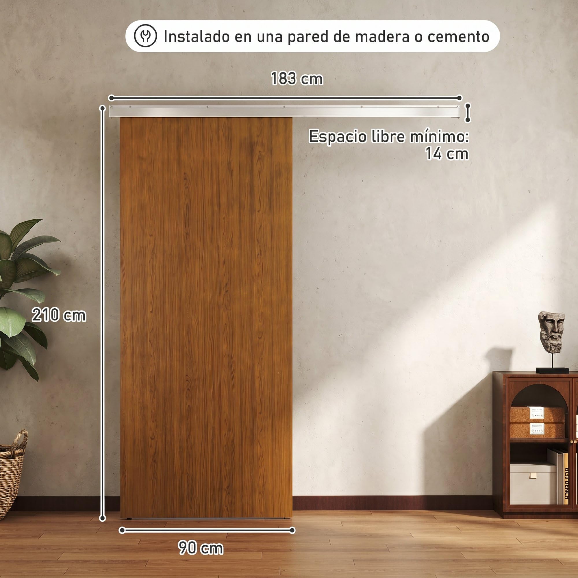 HOMCOM Puerta Corredera con Herrajes 90x210 cm, Puerta Corredera Interior con Rodillo, Riel de Aluminio, Guía de Suelo, para Baño, Salón, Sala de Estar, Marrón