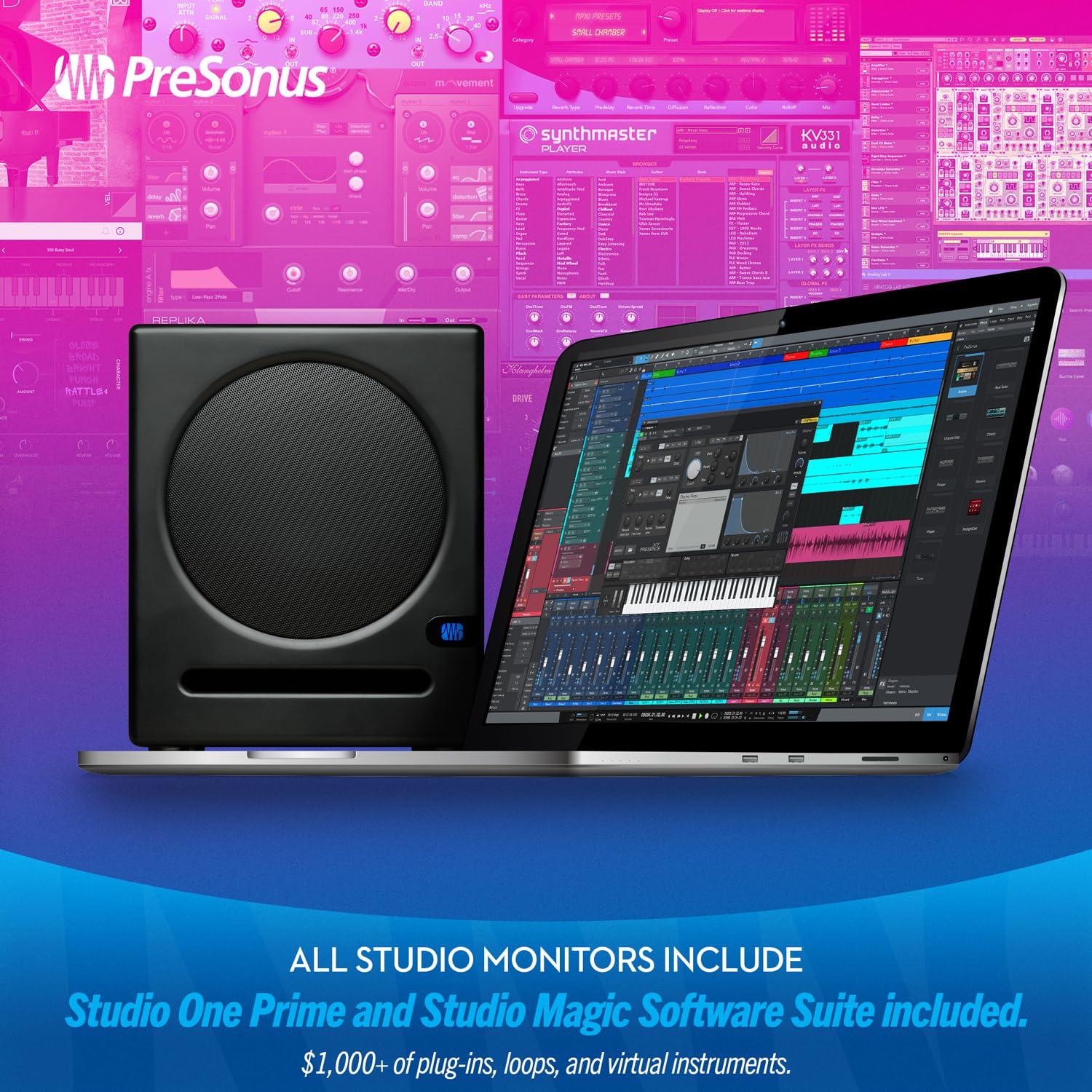 PreSonus Eris Sub 8BT Aktiver Studio-Subwoofer mit Bluetooth 8 Zoll + 2X keepdrum Klinkenkabel