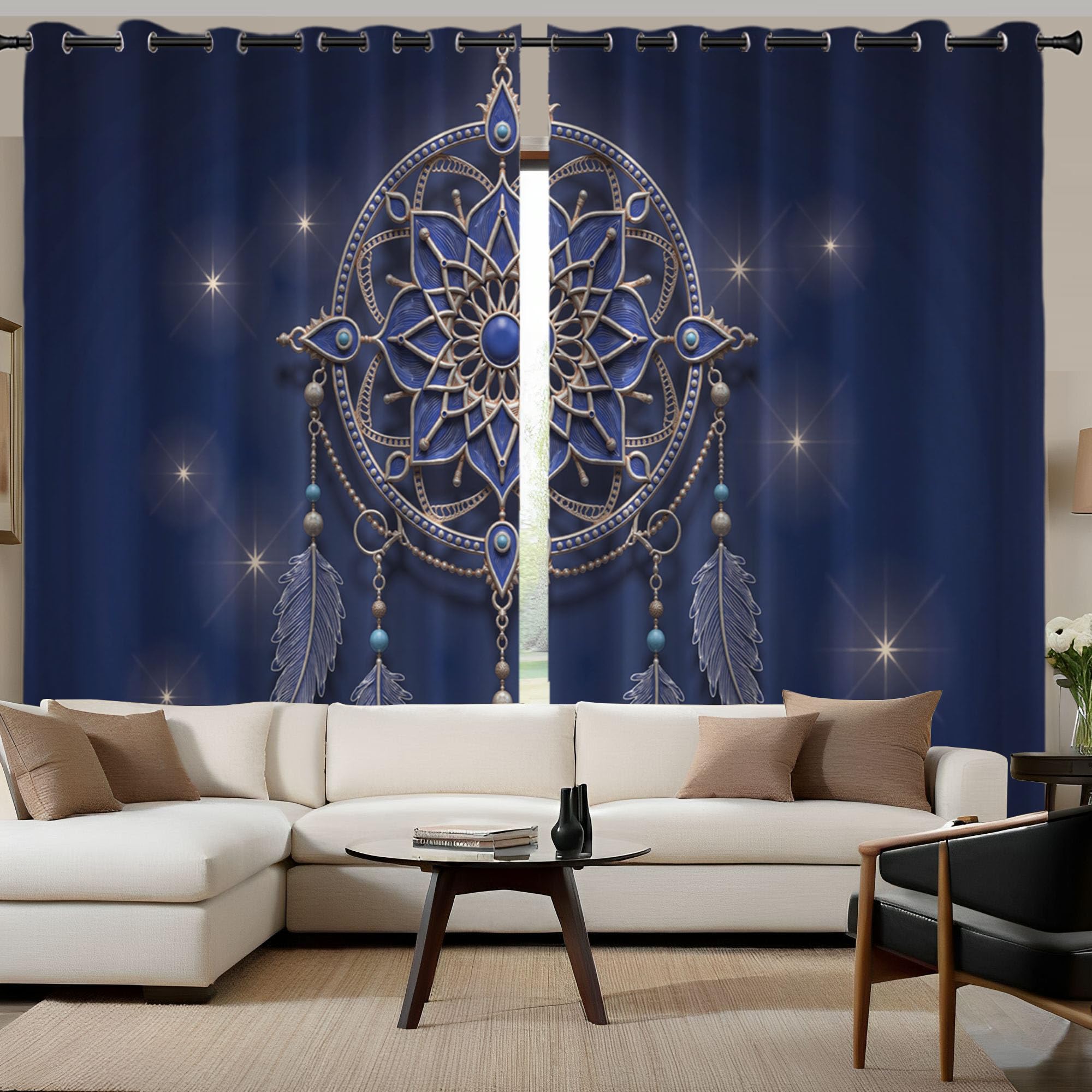 Blickdichte Gardinen Traumfänger - Verdunkelungsvorhang Blausilber Unaufdringlicher Luxus Im Ethno-Stil Vorhang mit Ösen für Schlafzimmer Wohnzimmer Kinderzimmer - H220cmxB140cm(2er Pack)