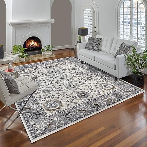 Miniatura 5 de Gertmenian 19618 - Alfombra bohemia abstracta III moderna para sala de estar y cocina, alfombra de área bohemia, 5 x 7 estándar, borde gris, marfil