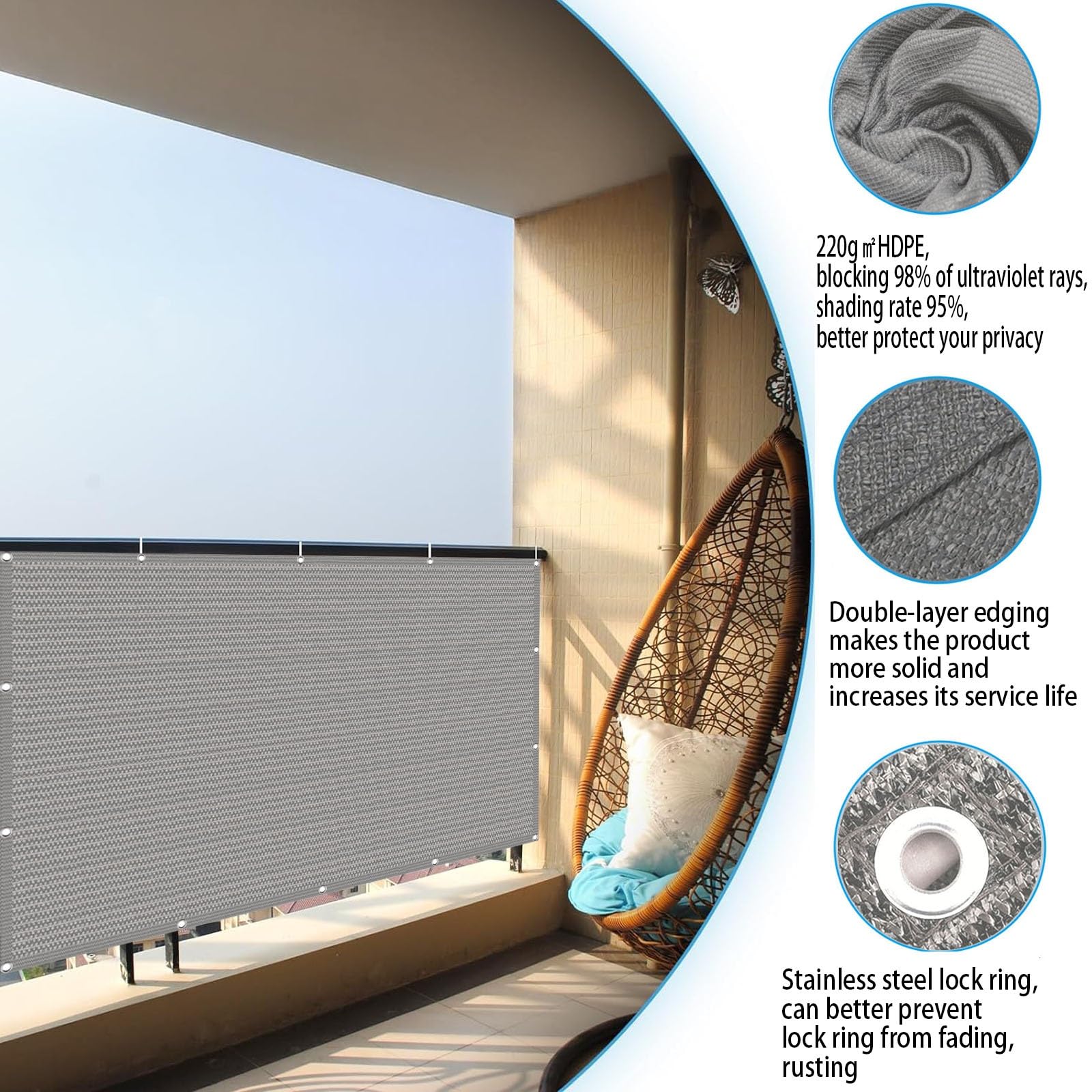 Balkon Sichtschutz 85 x 360 cm Atmungsaktiv Sonnenschutz blickdichte Balkonumspannung ohne Bohren, UV-Schutz Reißfest Mit Zubehör Balkon Abdeckung sichtschutz nach maß, für Terrasse, Hellgrau