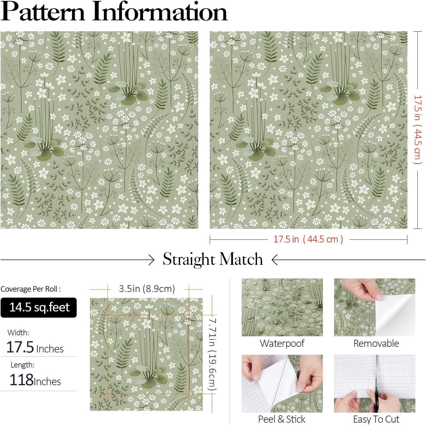 FunStick Sage Green Botanical Floral Peel and Stick Wallpaper Nature Leaf Floral Wallpaper Self Adhesive Vinyl Wild Flower Contact Paper for Cabinets Removable Wall Paper for Bathroom Walls Waterproof