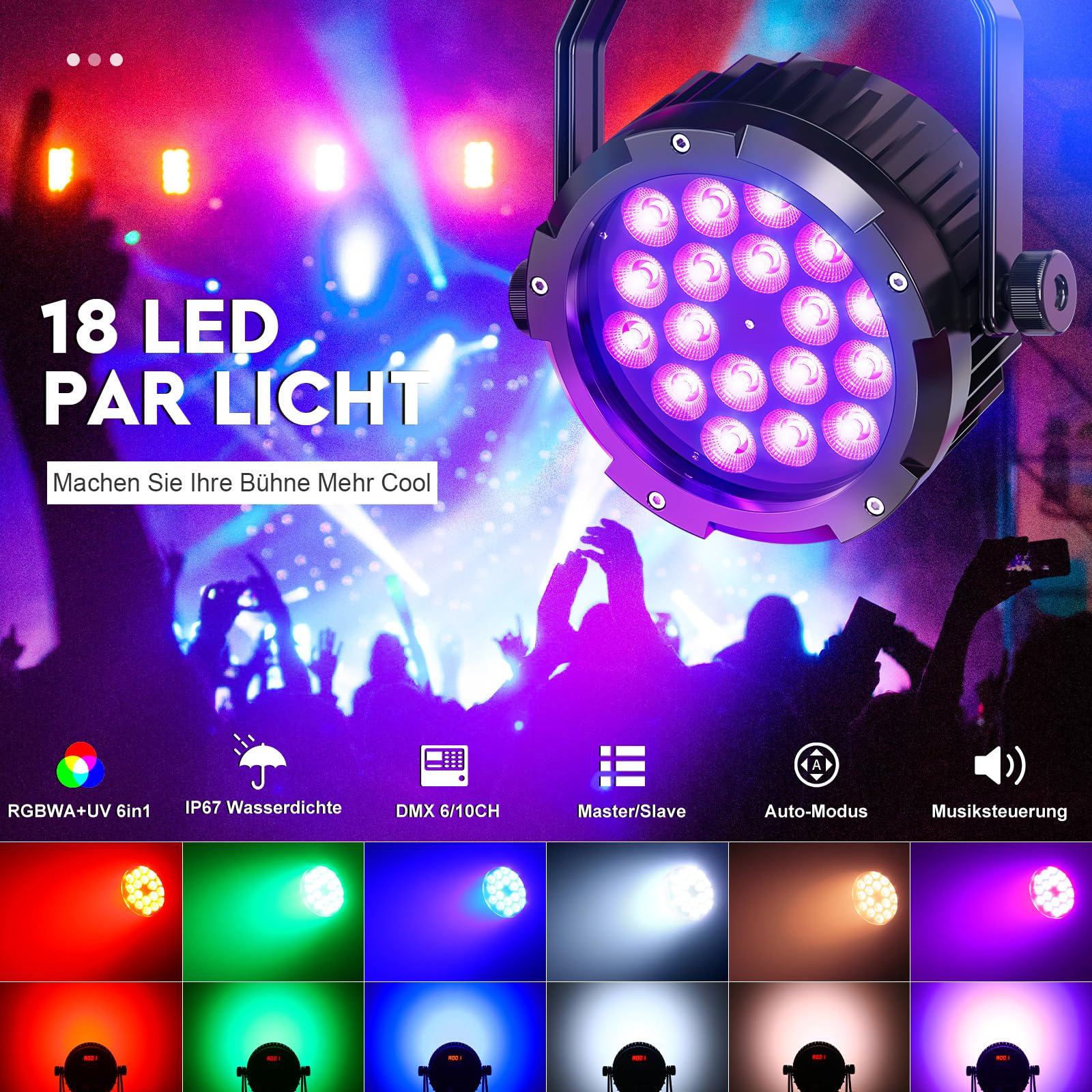 Impermeabile Par LED RGBWA+UV 6 in 1, 18 LED Luce di Scena con DMX-6/10CH y Efectos Estroboscópica, Illuminazione Palco per Discoteche, Matrimoni, Bar, Spettacoli, Piscina