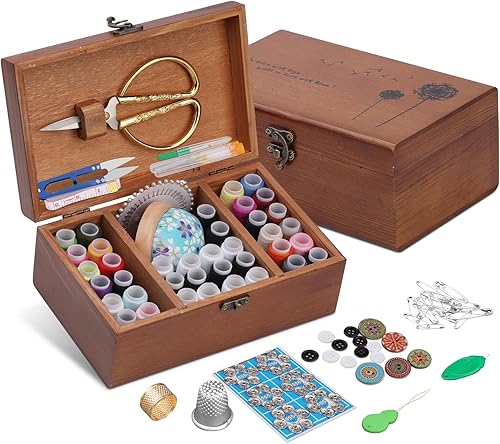 Kit de costura, caja de costura de madera, suministros de costura para principiantes, viajeros y arreglos de ropa de emergencia, accesorios para