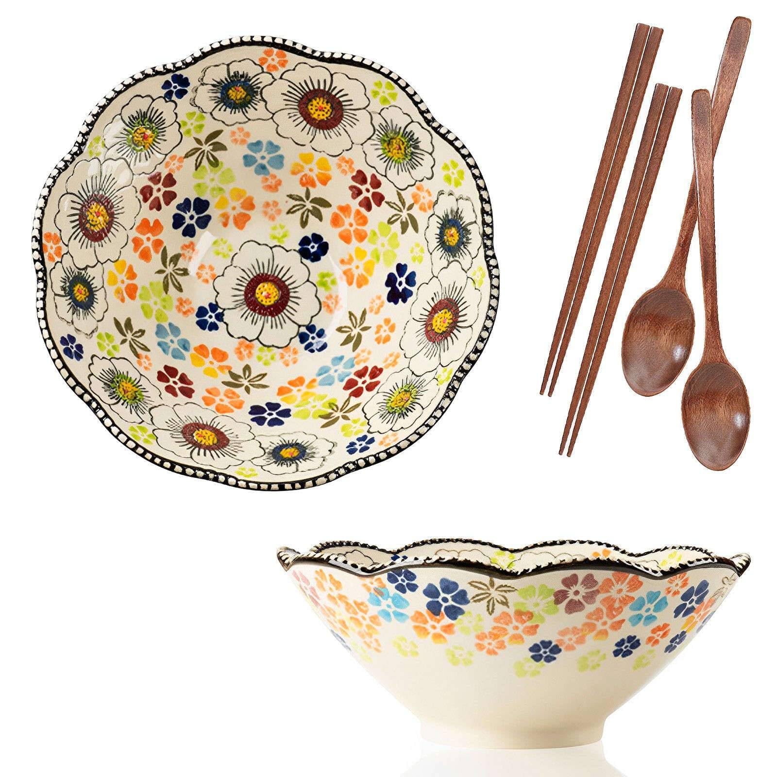 Keramik-Nudelschale, Keramik-Instant-Nudelschüssel, Ramen-Schüssel 2er-Set, Keramik-Ramen-Schüssel, große Suppenschüsseln-Blau und Blumen-8 Zoll(Yellow)