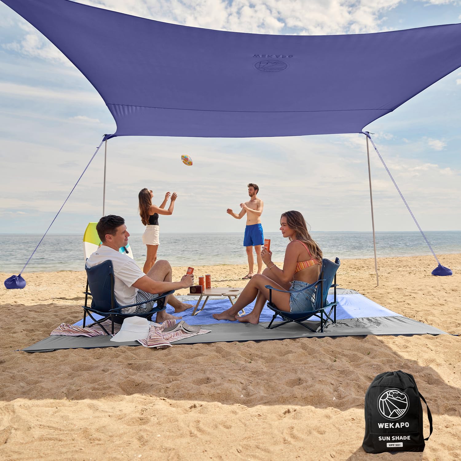 WEKAPO Beach Tent Sun Shelter - 9 x 10 FT Beach Canopy with 4 Lengthened Poles, Large Sandbags and Shovel, 7'1'' Tall, Beach Sun Shade for Family Vacation and Camping, UPF 50+ Protection