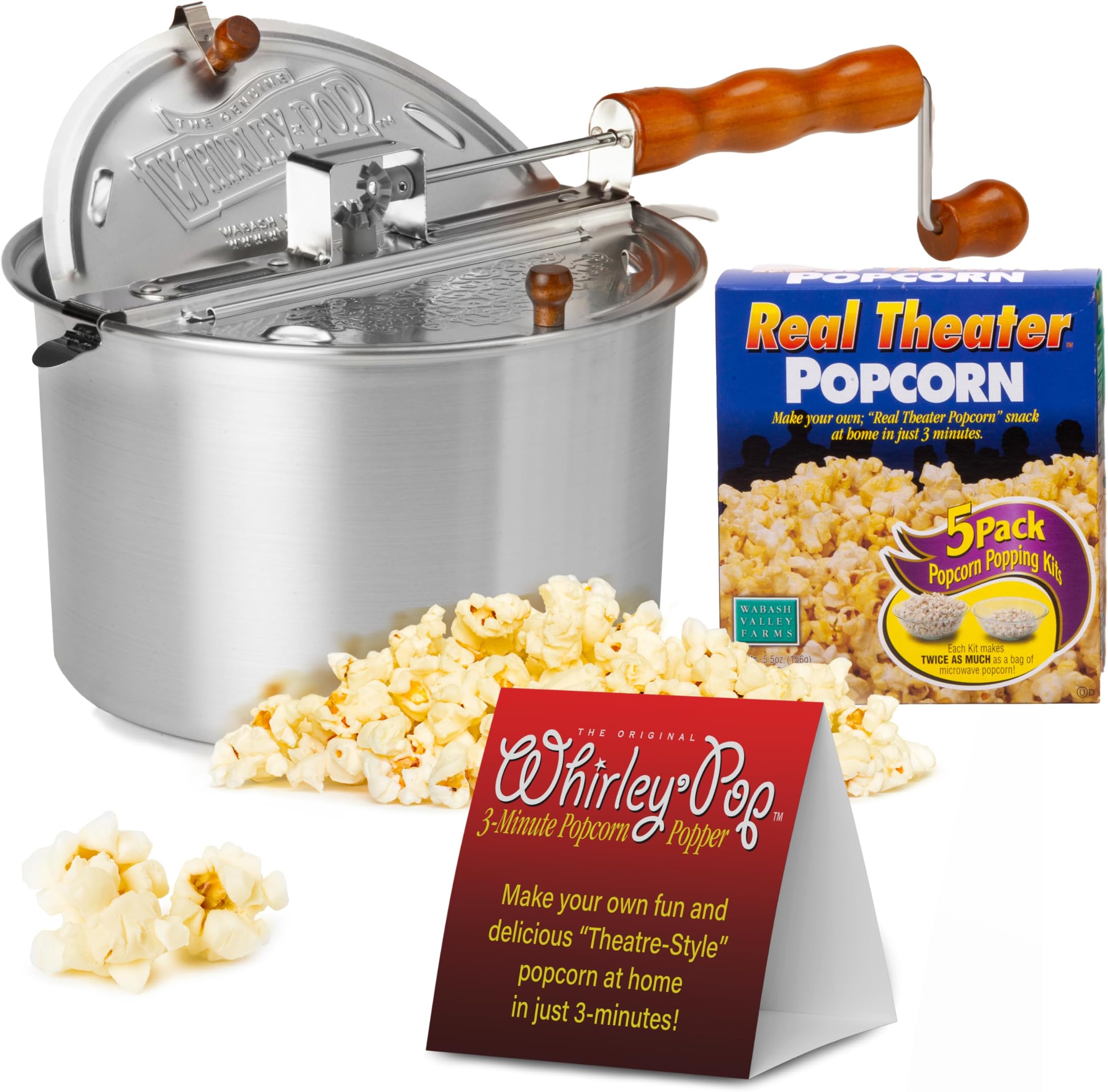 Wabash Whirley Pop Original Popcorn Maker Red Aluminum Stovetop Popcorn Popper & Popcorn Pan 5 Popping Kits Movie Night Essential 6 Quart