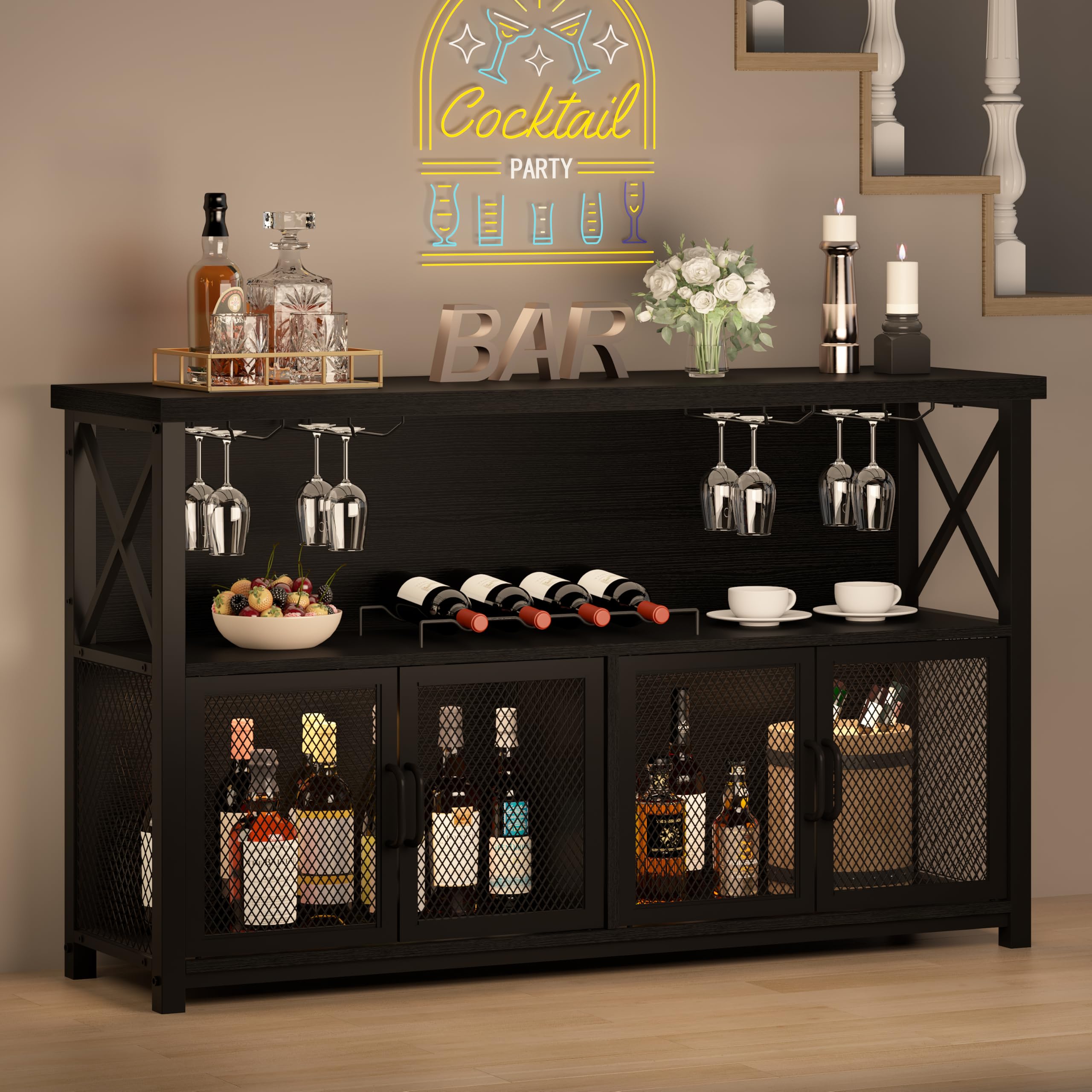 LVB Black Coffee Bar Cabinet, Modern Liquor Cabinet for Liquor and Glasses, Kitchen Sideboard Buffet Cabinet with Wine Rack Storage, Farmhouse Wine Cabinet for Home Living Dining Room, Black Oak 47 In