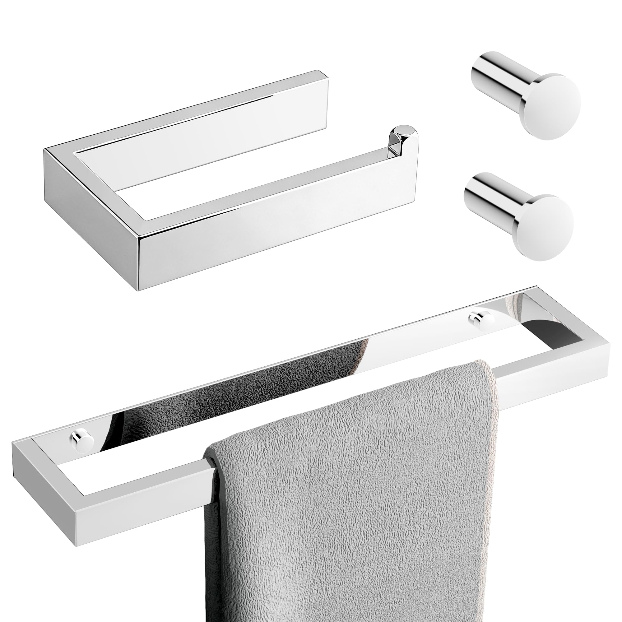 SAYAYO 4-Piece Bathroom Accessory Set 30CM Chrome Towel Rail Hand Towel Holder, 15CM Toilet Roll Holder Wall Mounted and 2Pcs Coat Hooks for Hanging, SUS304 Stainless Steel