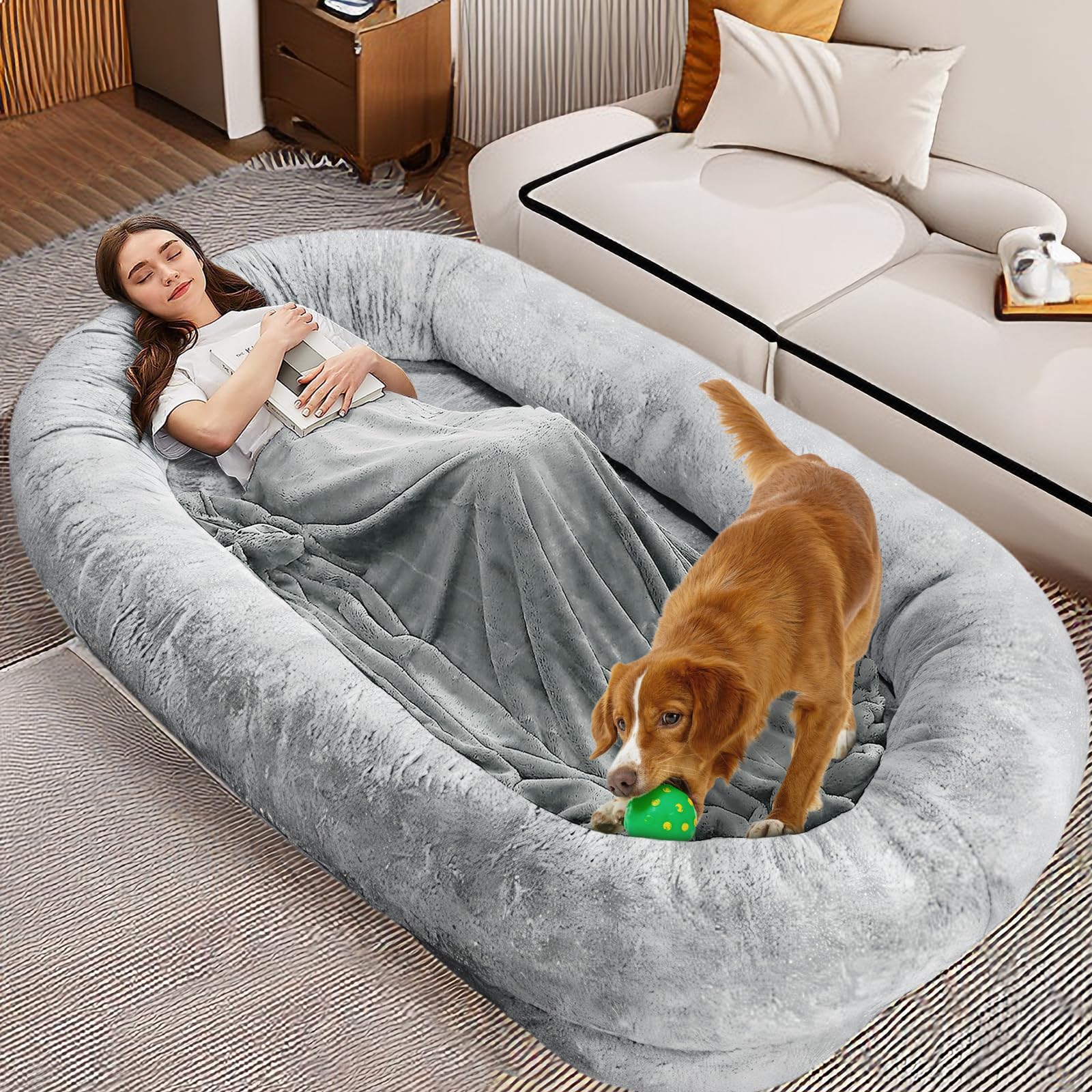 ZIKEEHuman Dog Bed for Adult, 72"x48"x12" Giant Dog Bed with Attached Blanket Pillow, Washable Coral Velvet Human Size Dog Bed,Anti-Slip Bottom, Light Grey