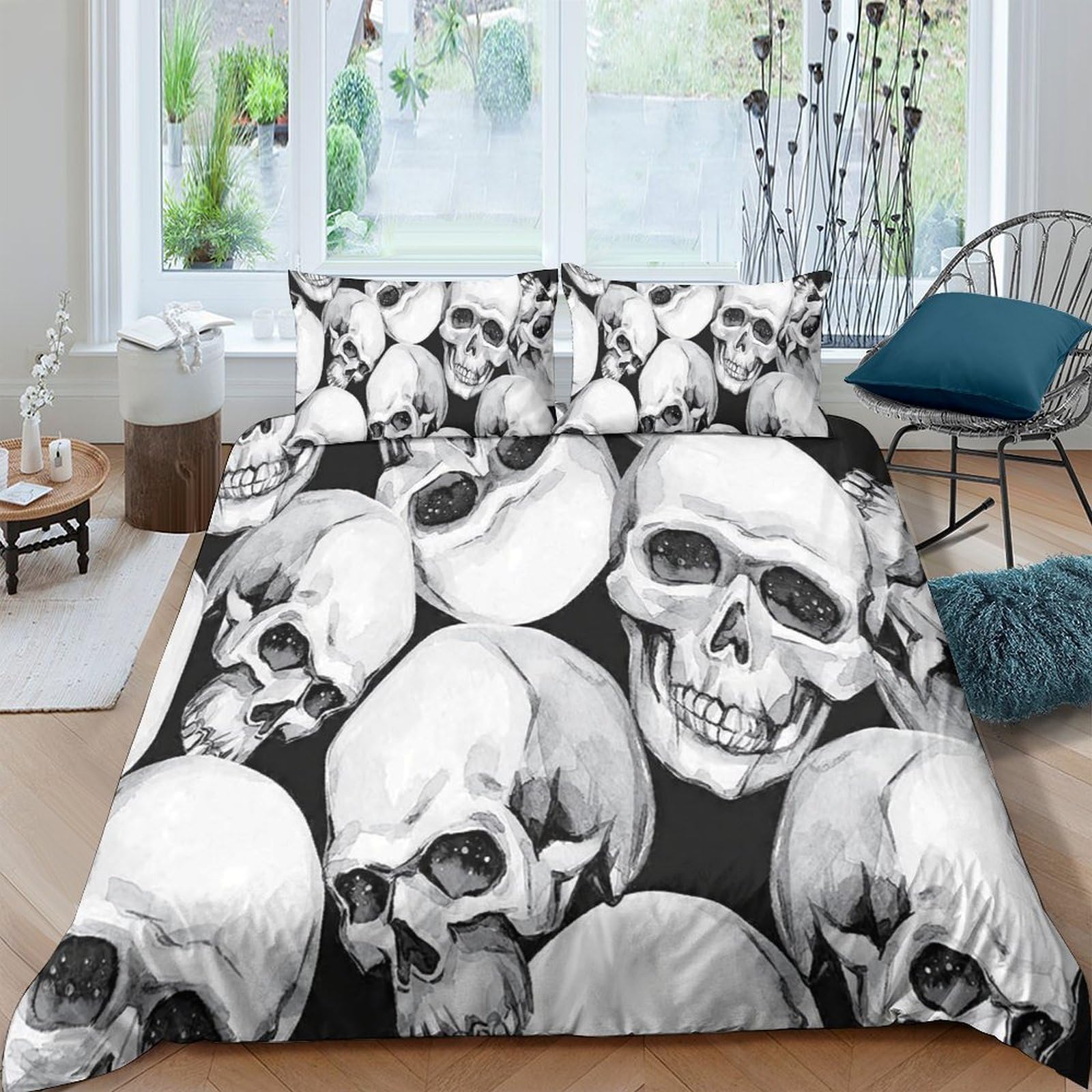 GPLZQXKJNH 3D Printed Skull Pattern Duvet Cover Microfiber Gothic Skeleton Bedding Set with 2 Pillowcases, Breathable for Bedroom Decor Single（135x200cm）