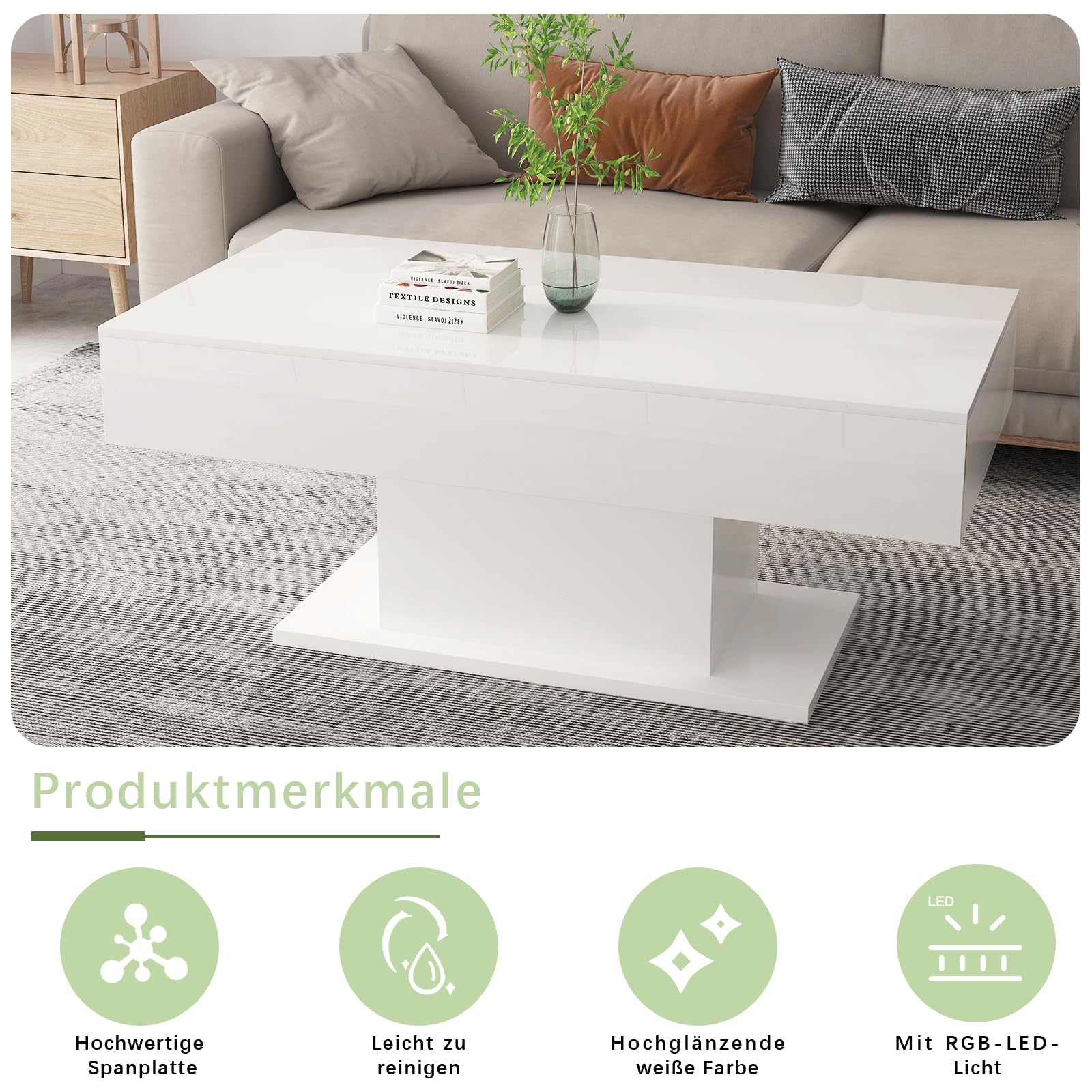 KEEPREAPER Couchtisch Wohnzimmertisch Hochglanz, Sofatisch mit LED Beleuchtung modern für Wohnzimmer, 110 x 55 x 50 cm (Weiß)