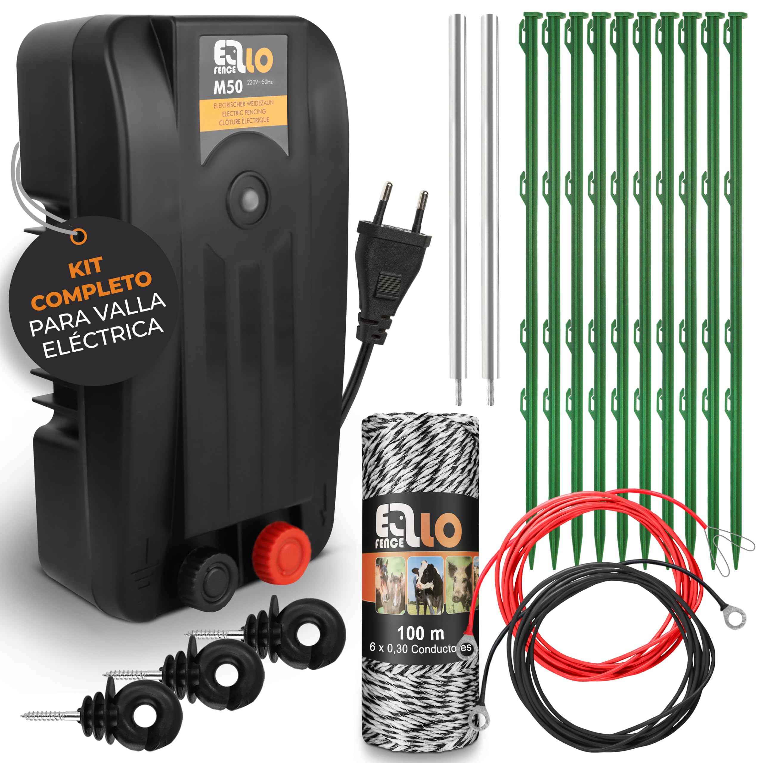Kit inicio M pastor eléctrico con 100m hilo y 10 postes | Incluye 100m de hilo, 10 postes, aisladores de anillo y puesta a tierra para gatos y animales pequeños.