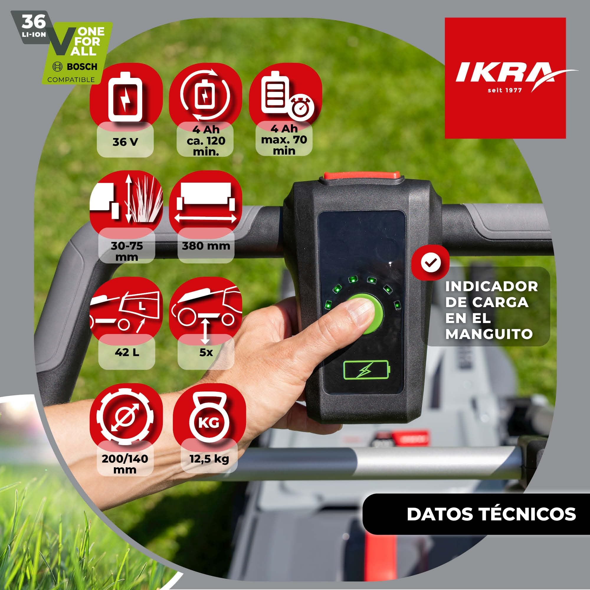 IKRA cortacésped IB-LM 38, 3 en 1, 38 cm, sin batería de 36 V ni Cargador | Compatible con Bosch, recomendado para 400 m², altura de corte de 30-75 mm, cesto recogedor de 42 l, kit de mulching incluido