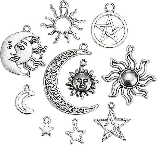 DanLingJewelry 50 pcs Mixed Tibetan Style Alloy Sun Moon Star Charms Antique Silver Hollow Charms for DIY Jewellery Making