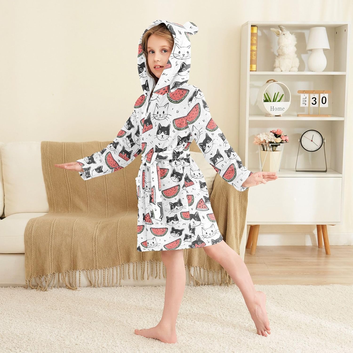 senya Cat and Watermelon Toddler Hooded Bathrobe Kids Soft Plush Bath Towel Robes for Boys Girls 2-12 Years